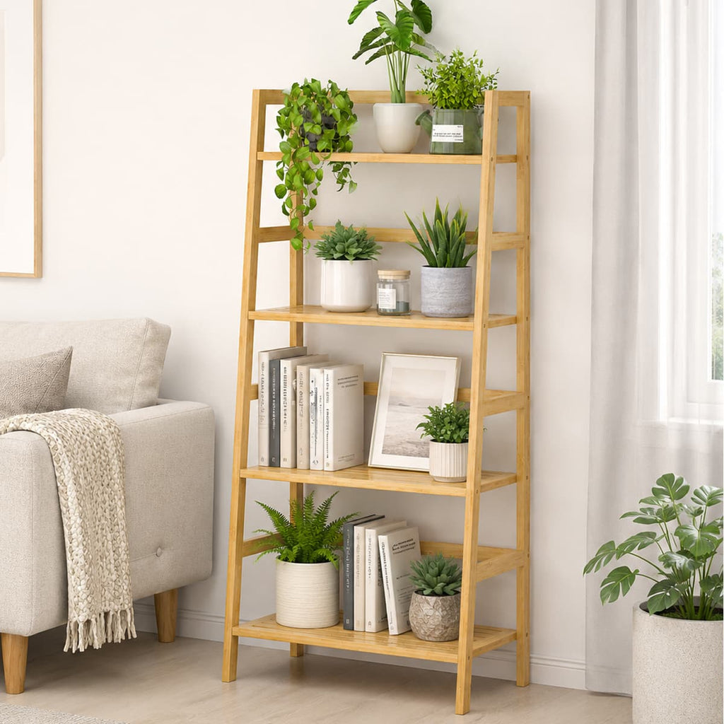 Bamboo Ladder Shelf, 4-Tier Wooden Ladder Bookshelf & Bookcase Organizer
