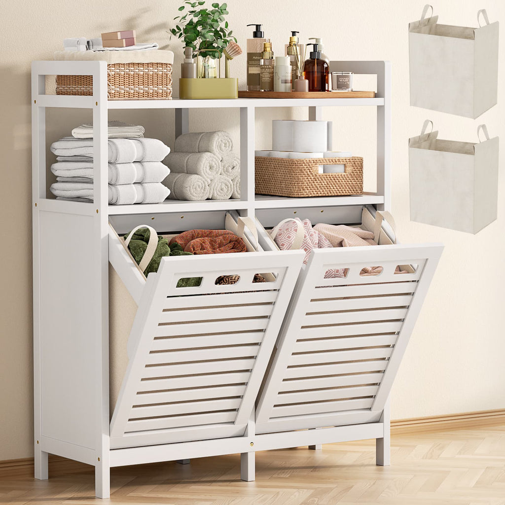 Tilt Out Laundry Hamper Cabinet, Bamboo Double Laundry Hamper