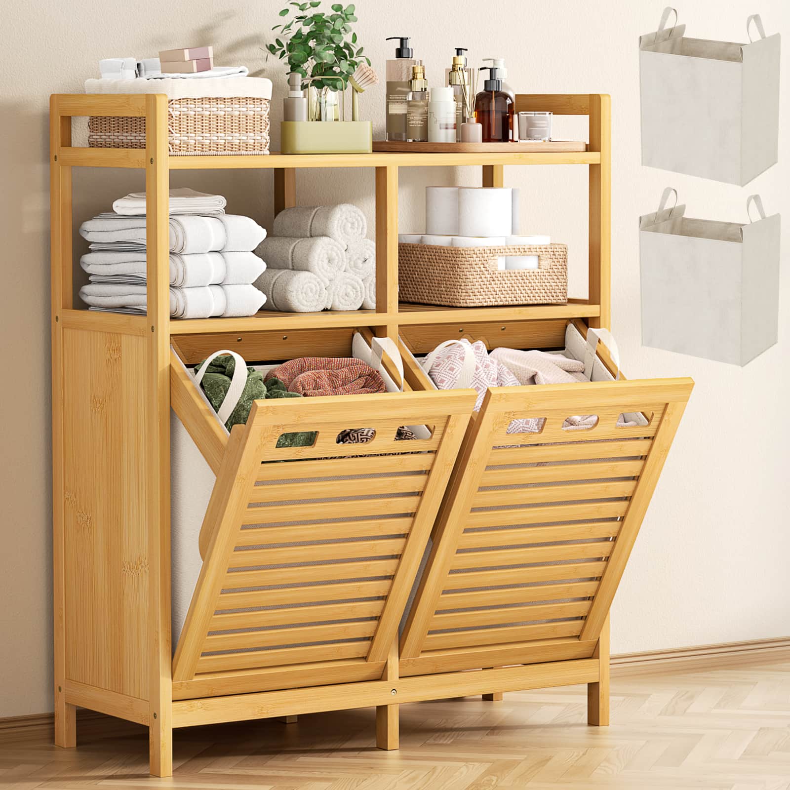 Tilt Out Laundry Hamper Cabinet, Bamboo Double Laundry Hamper