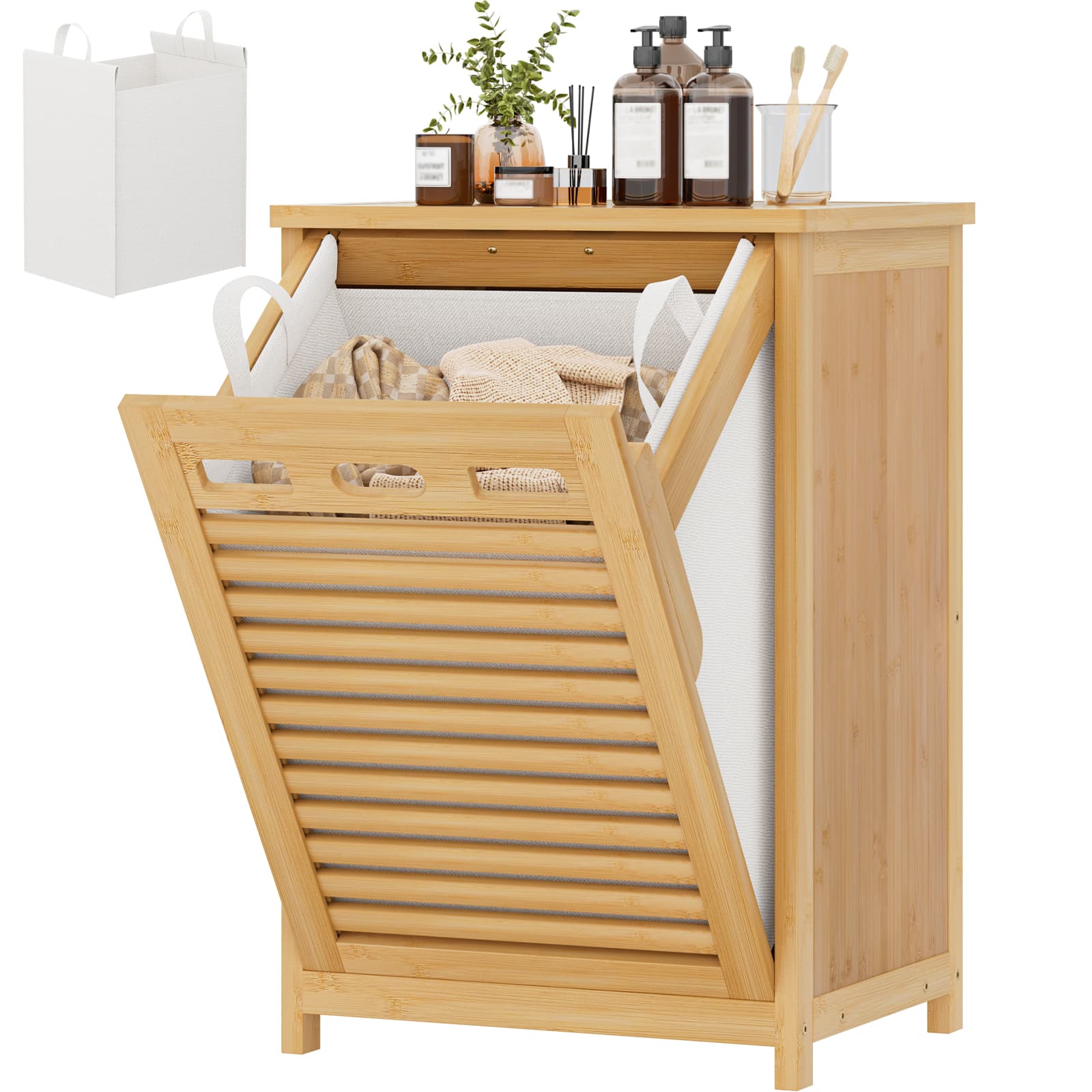 Bamboo Tilt Out Laundry Hamper Cabinet with 15.5 Gal Removable Liner Bag