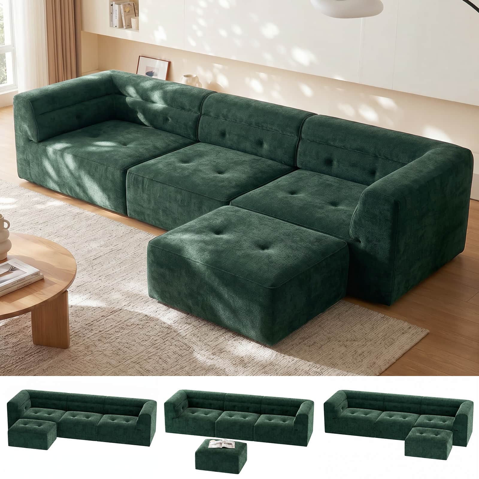 112" Boneless Couch for Living Room, L Shaped Modular Sectional Sofa, 3-Seat No Assembly Modern Couch with Ottoman, High-Resilience Foam, Soft Snowflake Fleece, Anti-Slip Base