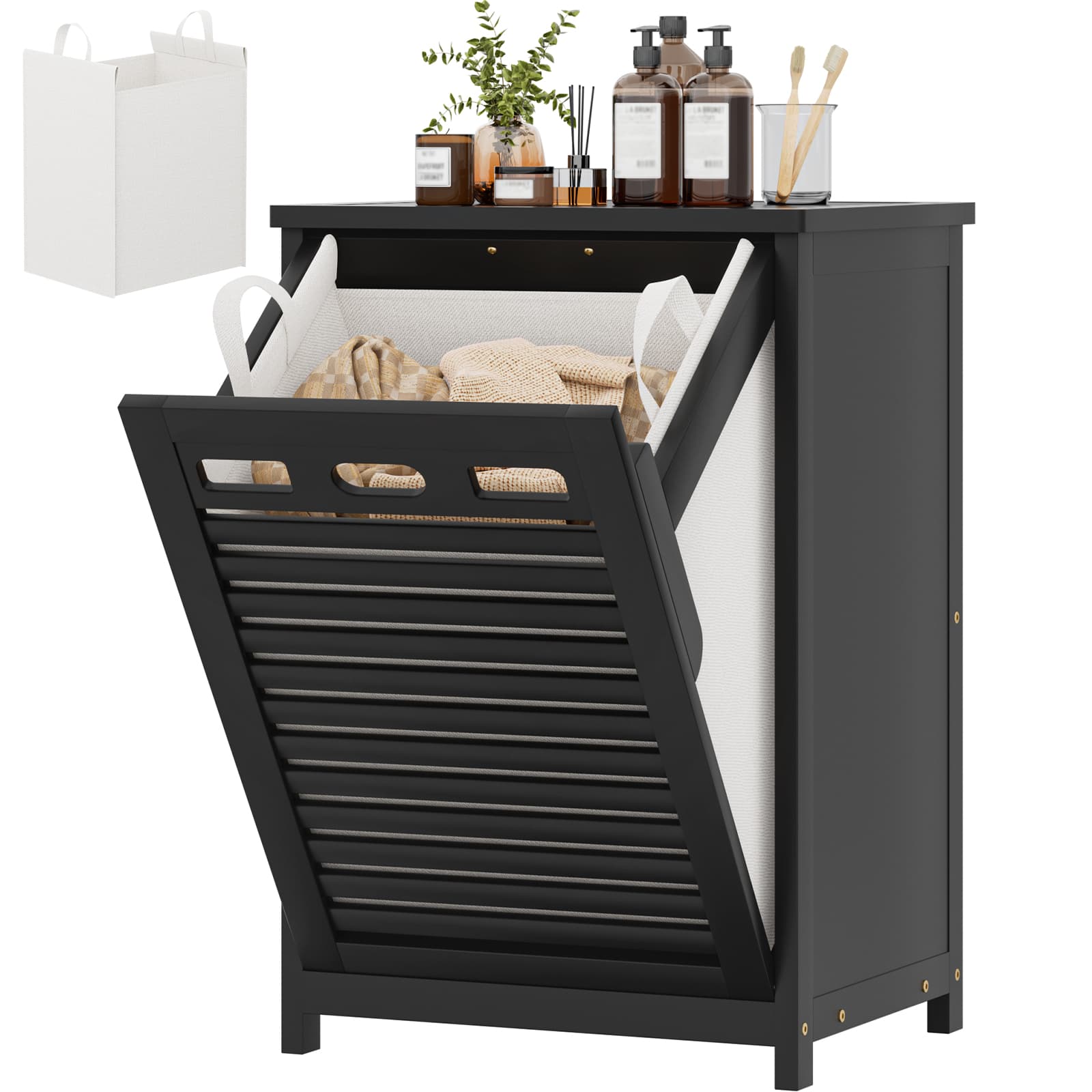 Bamboo Tilt Out Laundry Hamper Cabinet with 15.5 Gal Removable Liner Bag