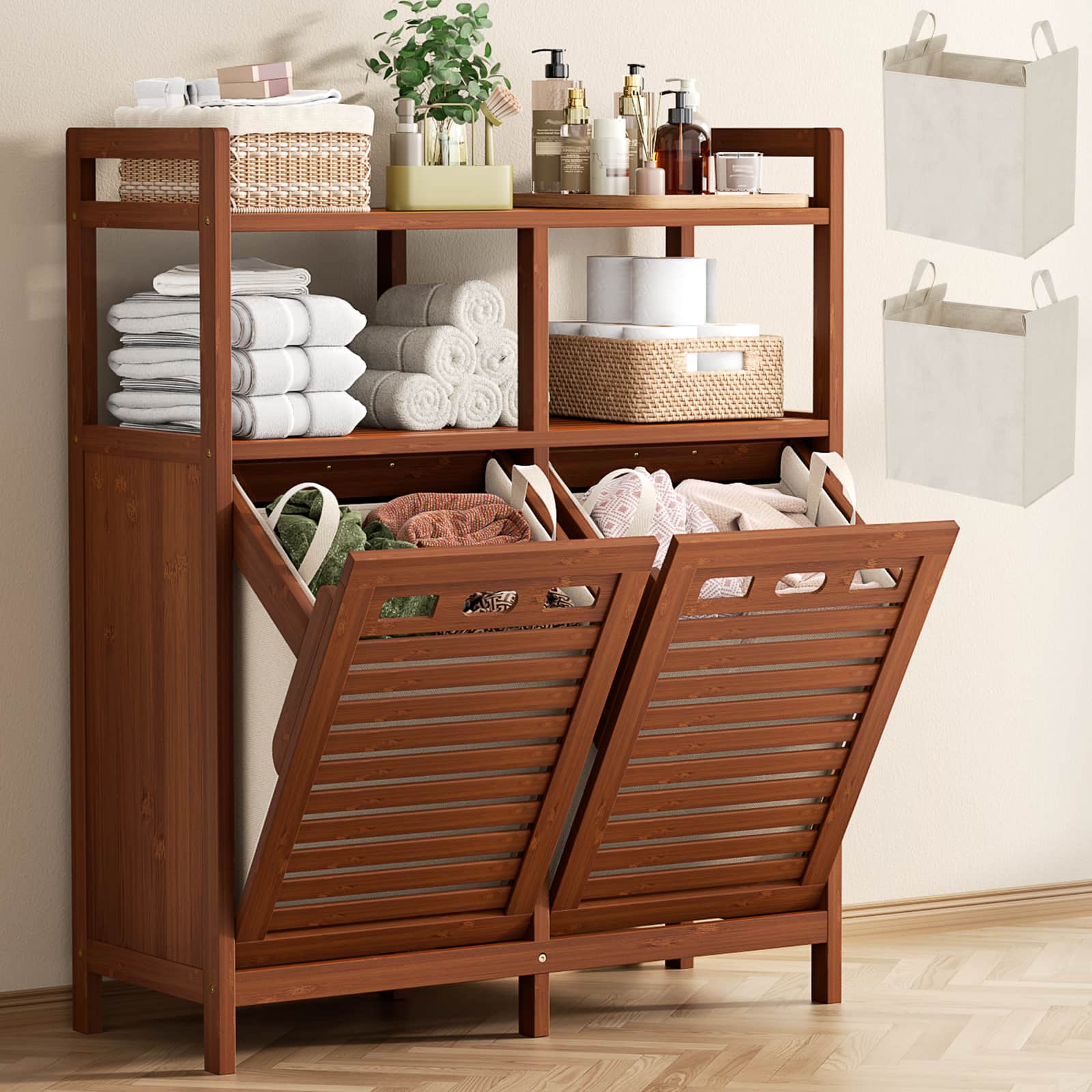 Tilt Out Laundry Hamper Cabinet, Bamboo Double Laundry Hamper