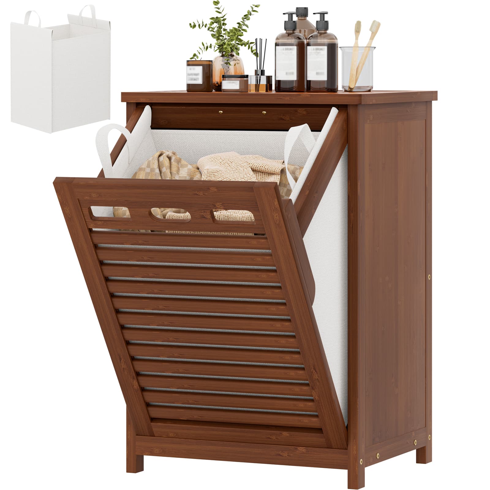 Bamboo Tilt Out Laundry Hamper Cabinet with 15.5 Gal Removable Liner Bag