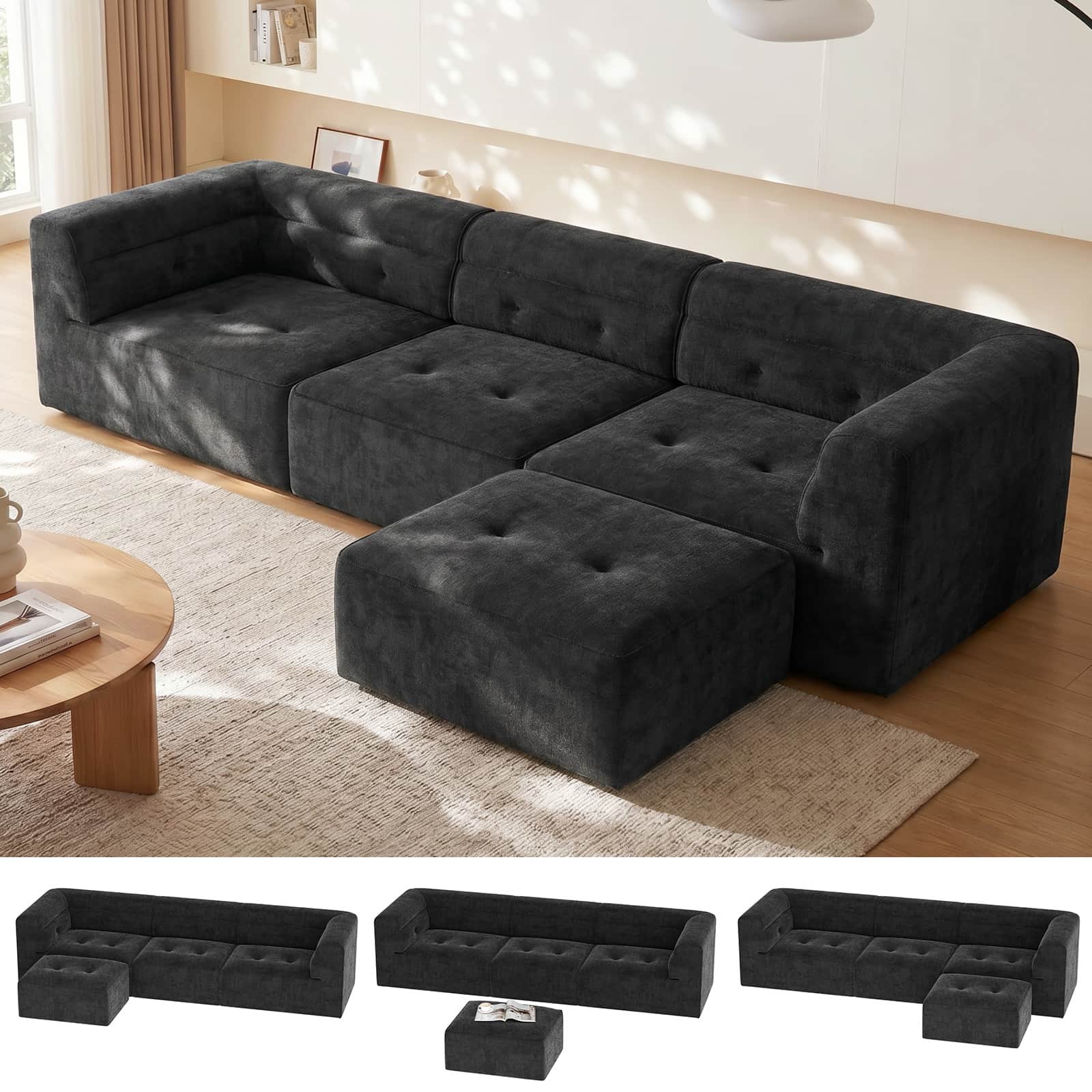112" Boneless Couch for Living Room, L Shaped Modular Sectional Sofa, 3-Seat No Assembly Modern Couch with Ottoman, High-Resilience Foam, Soft Snowflake Fleece, Anti-Slip Base