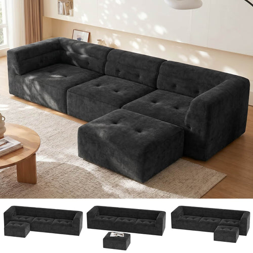 112" Boneless Couch for Living Room, L Shaped Modular Sectional Sofa, 3-Seat No Assembly Modern Couch with Ottoman, High-Resilience Foam, Soft Snowflake Fleece, Anti-Slip Base