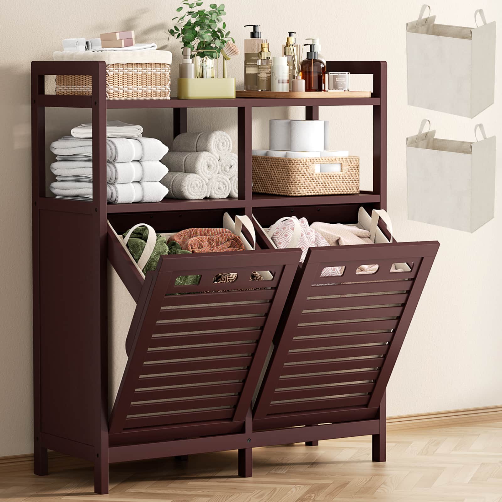 Tilt Out Laundry Hamper Cabinet, Bamboo Double Laundry Hamper