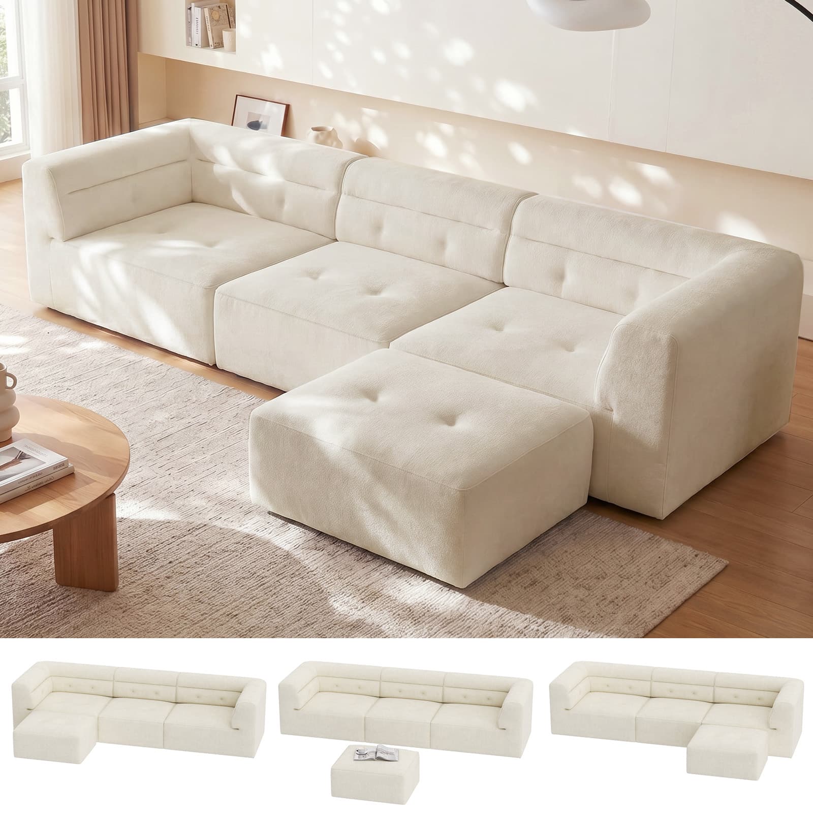 112" Boneless Couch for Living Room, L Shaped Modular Sectional Sofa, 3-Seat No Assembly Modern Couch with Ottoman, High-Resilience Foam, Soft Snowflake Fleece, Anti-Slip Base