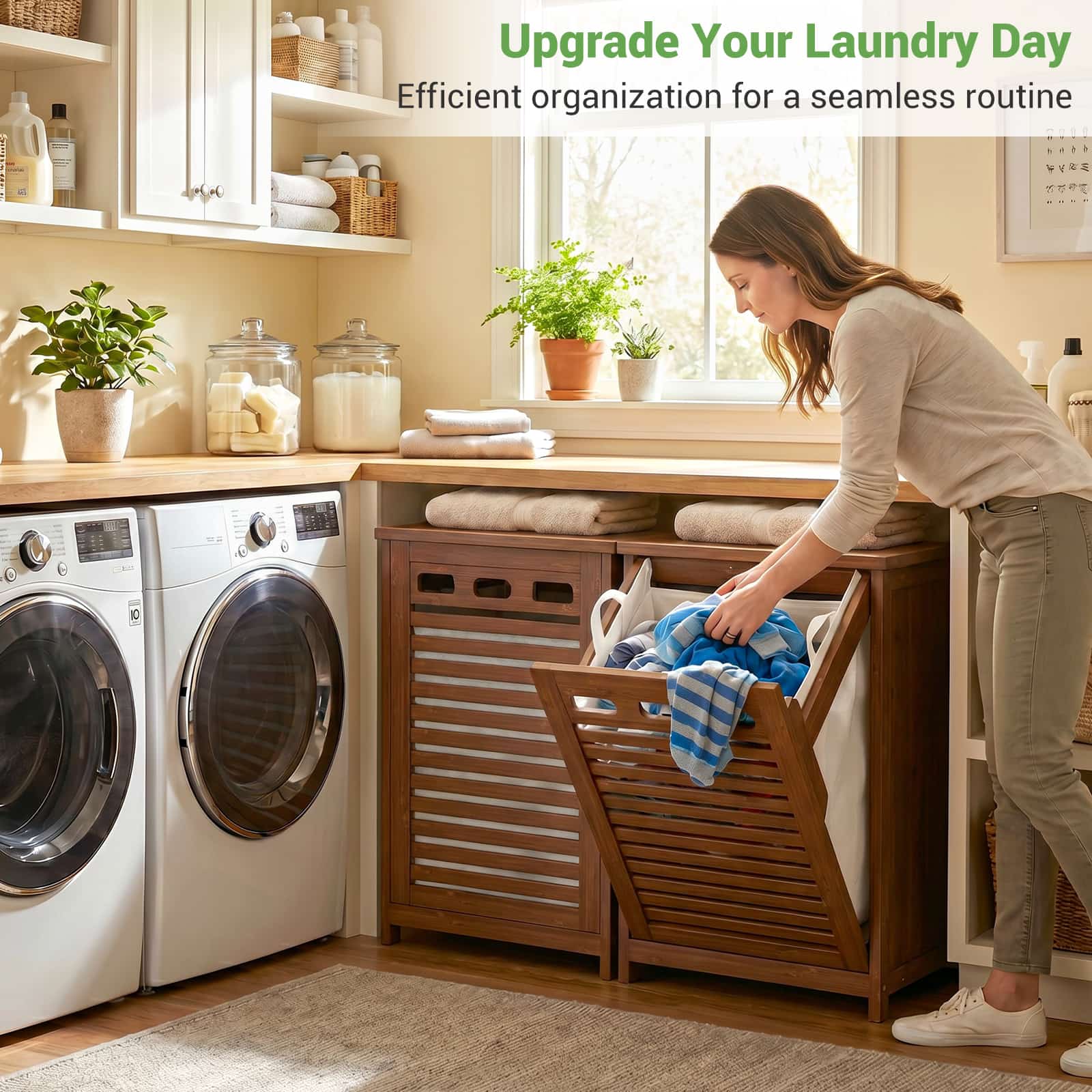 Bamboo Tilt Out Laundry Hamper Cabinet with 15.5 Gal Removable Liner Bag