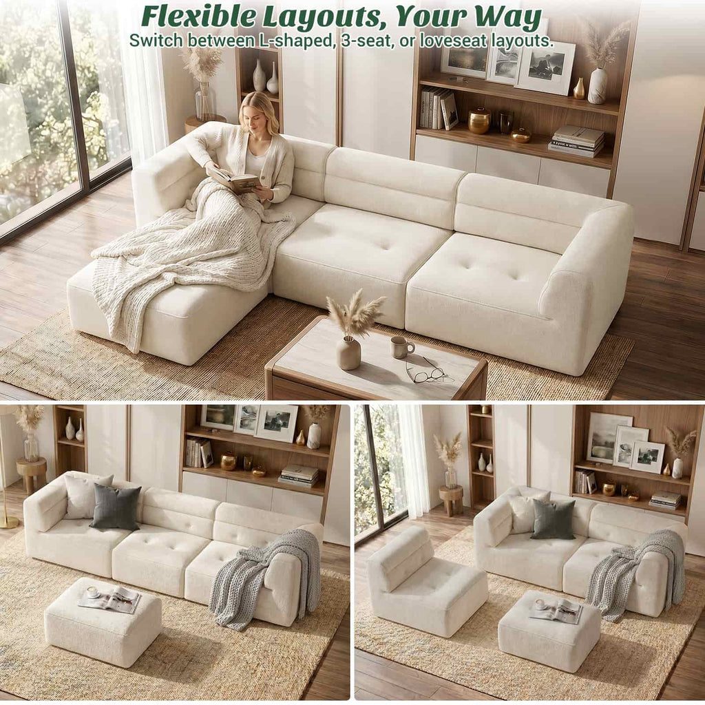 112" Boneless Couch for Living Room, L Shaped Modular Sectional Sofa, 3-Seat No Assembly Modern Couch with Ottoman, High-Resilience Foam, Soft Snowflake Fleece, Anti-Slip Base