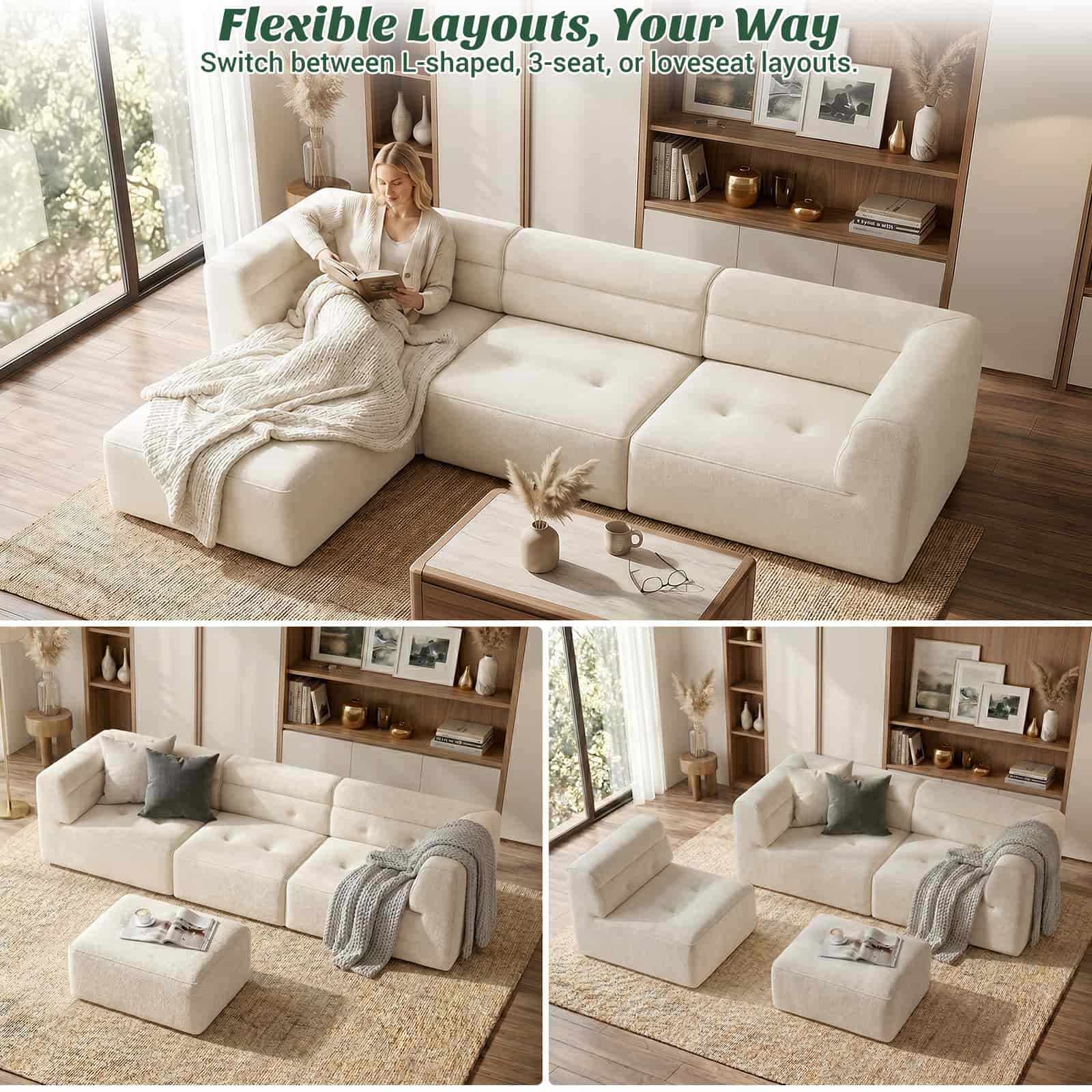 112" Boneless Couch for Living Room, L Shaped Modular Sectional Sofa, 3-Seat No Assembly Modern Couch with Ottoman, High-Resilience Foam, Soft Snowflake Fleece, Anti-Slip Base
