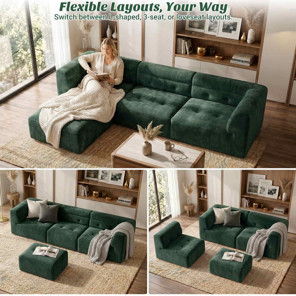 112" Boneless Couch for Living Room, L Shaped Modular Sectional Sofa, 3-Seat No Assembly Modern Couch with Ottoman, High-Resilience Foam, Soft Snowflake Fleece, Anti-Slip Base