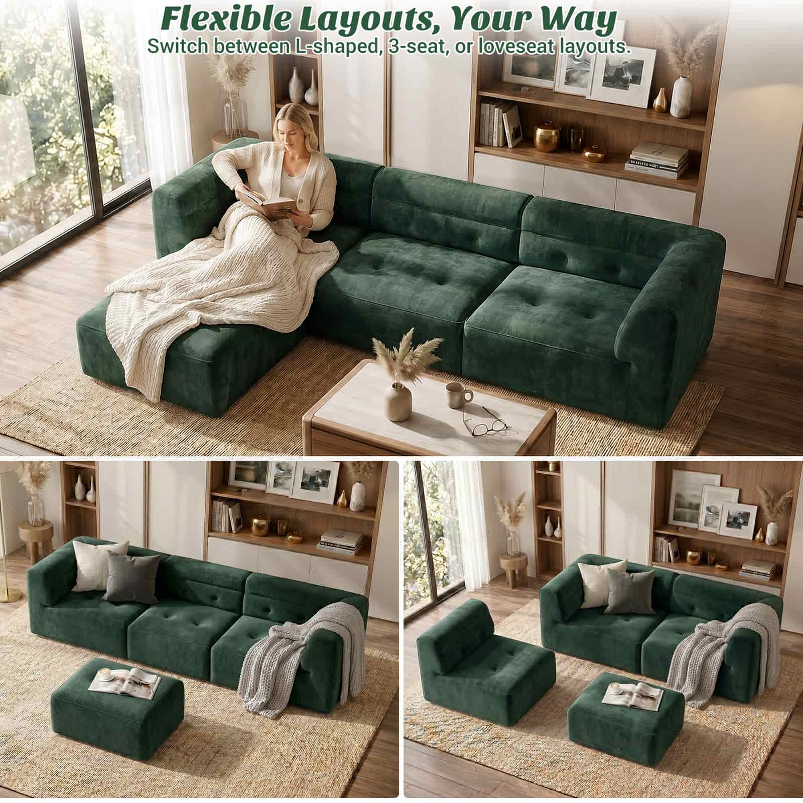 112" Boneless Couch for Living Room, L Shaped Modular Sectional Sofa, 3-Seat No Assembly Modern Couch with Ottoman, High-Resilience Foam, Soft Snowflake Fleece, Anti-Slip Base