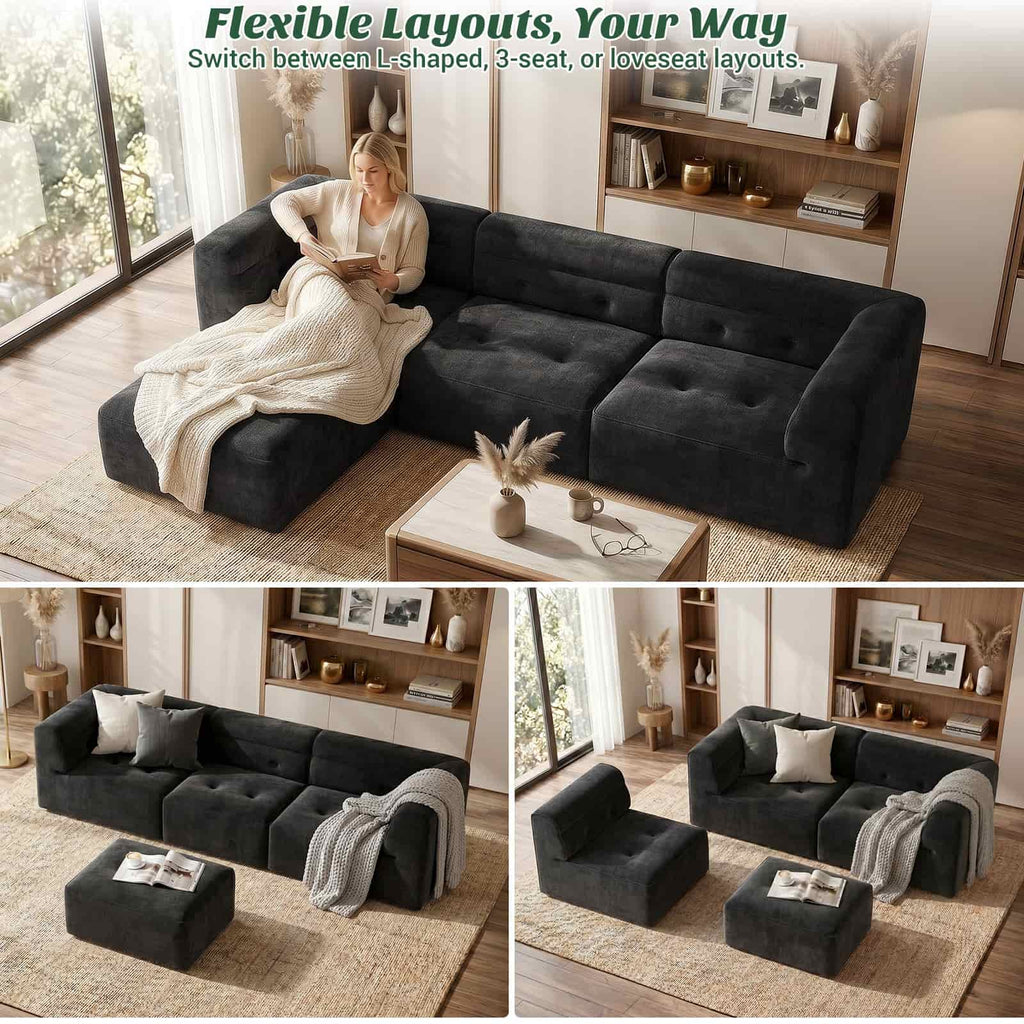 112" Boneless Couch for Living Room, L Shaped Modular Sectional Sofa, 3-Seat No Assembly Modern Couch with Ottoman, High-Resilience Foam, Soft Snowflake Fleece, Anti-Slip Base