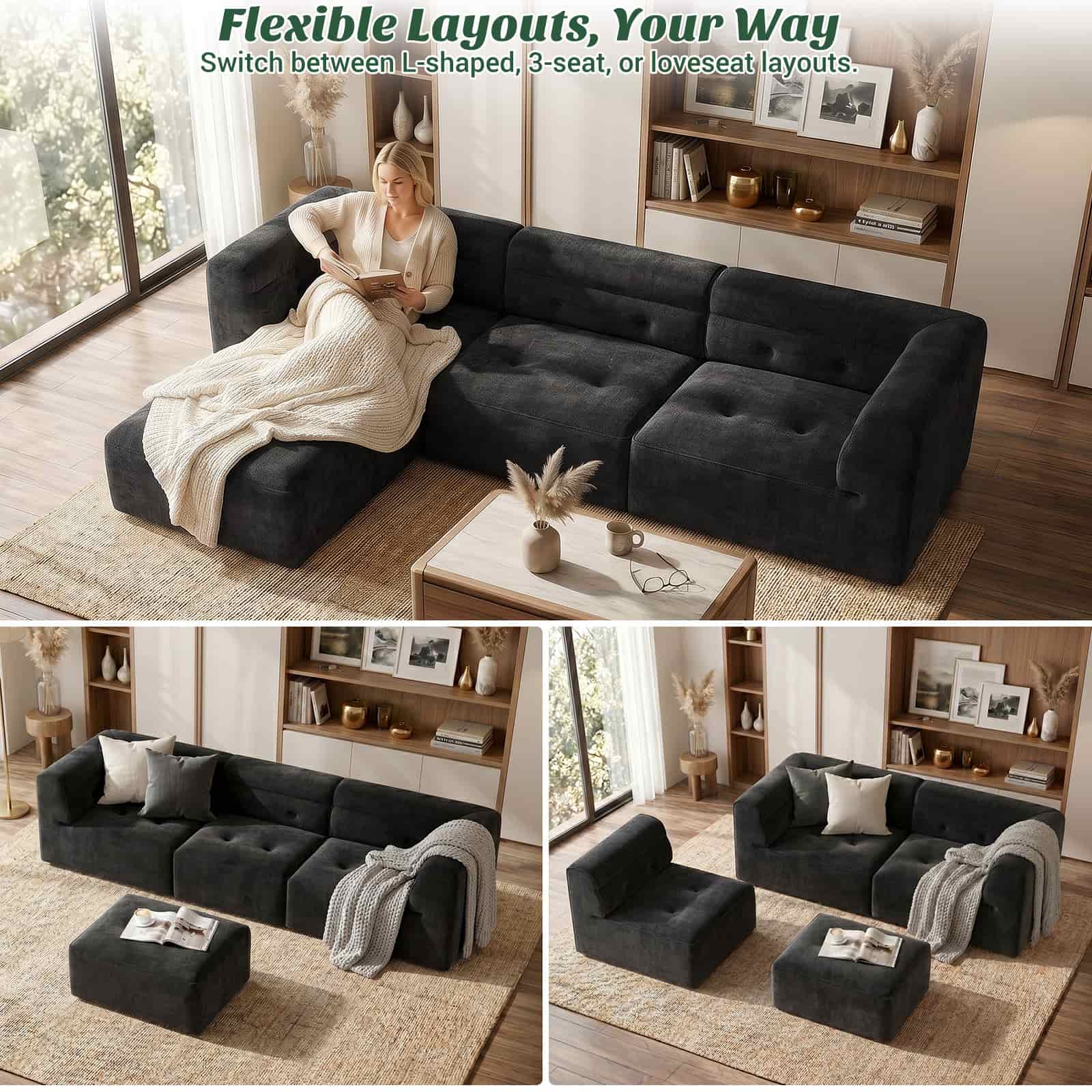 112" Boneless Couch for Living Room, L Shaped Modular Sectional Sofa, 3-Seat No Assembly Modern Couch with Ottoman, High-Resilience Foam, Soft Snowflake Fleece, Anti-Slip Base