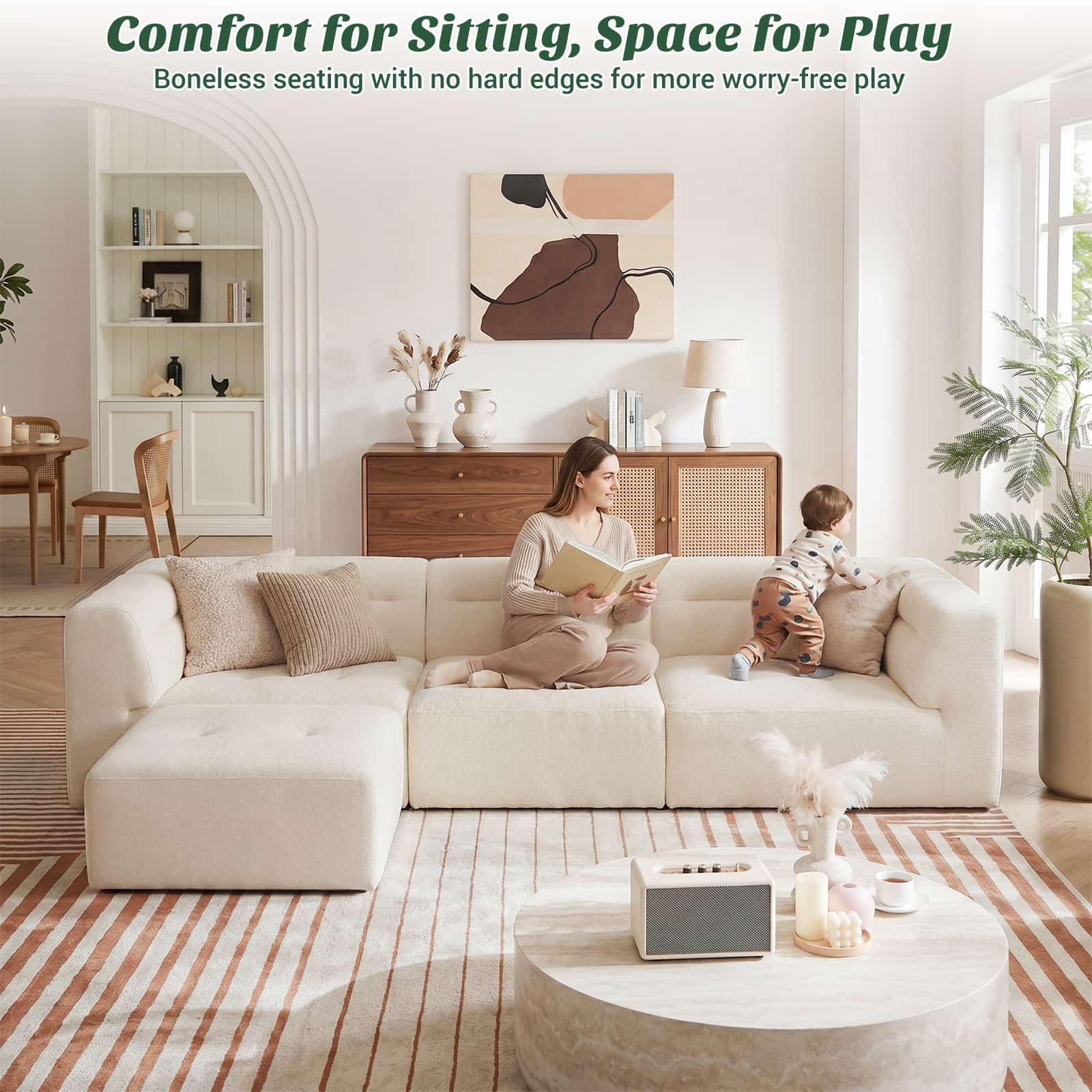 112" Boneless Couch for Living Room, L Shaped Modular Sectional Sofa, 3-Seat No Assembly Modern Couch with Ottoman, High-Resilience Foam, Soft Snowflake Fleece, Anti-Slip Base