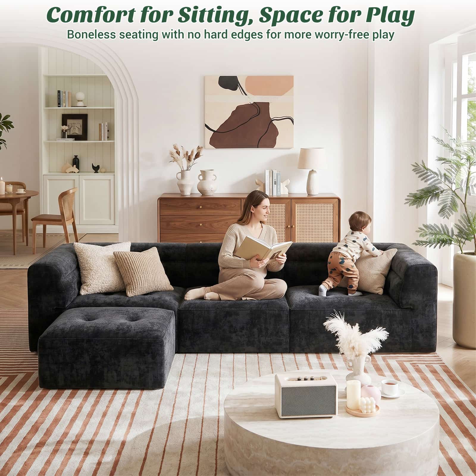 112" Boneless Couch for Living Room, L Shaped Modular Sectional Sofa, 3-Seat No Assembly Modern Couch with Ottoman, High-Resilience Foam, Soft Snowflake Fleece, Anti-Slip Base