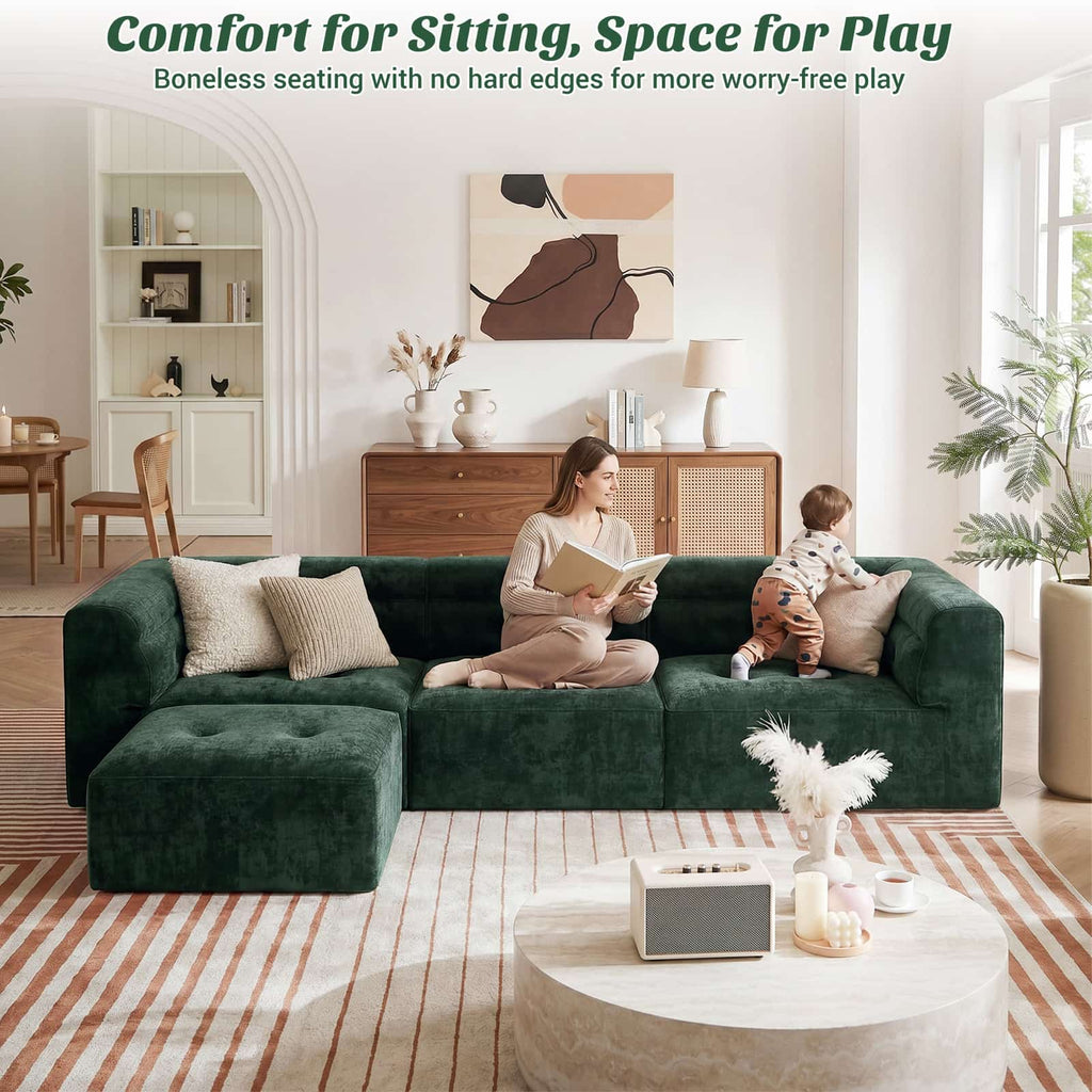 112" Boneless Couch for Living Room, L Shaped Modular Sectional Sofa, 3-Seat No Assembly Modern Couch with Ottoman, High-Resilience Foam, Soft Snowflake Fleece, Anti-Slip Base