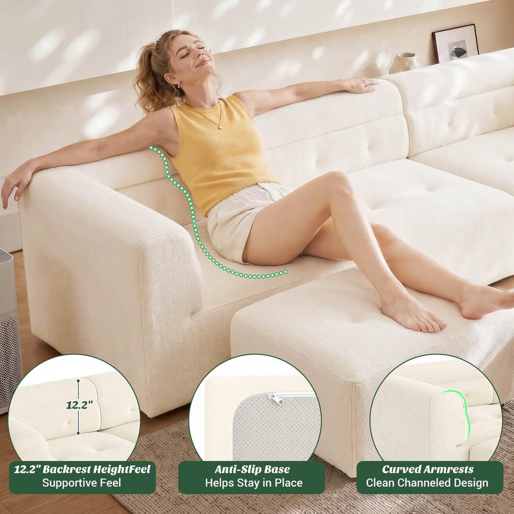 112" Boneless Couch for Living Room, L Shaped Modular Sectional Sofa, 3-Seat No Assembly Modern Couch with Ottoman, High-Resilience Foam, Soft Snowflake Fleece, Anti-Slip Base
