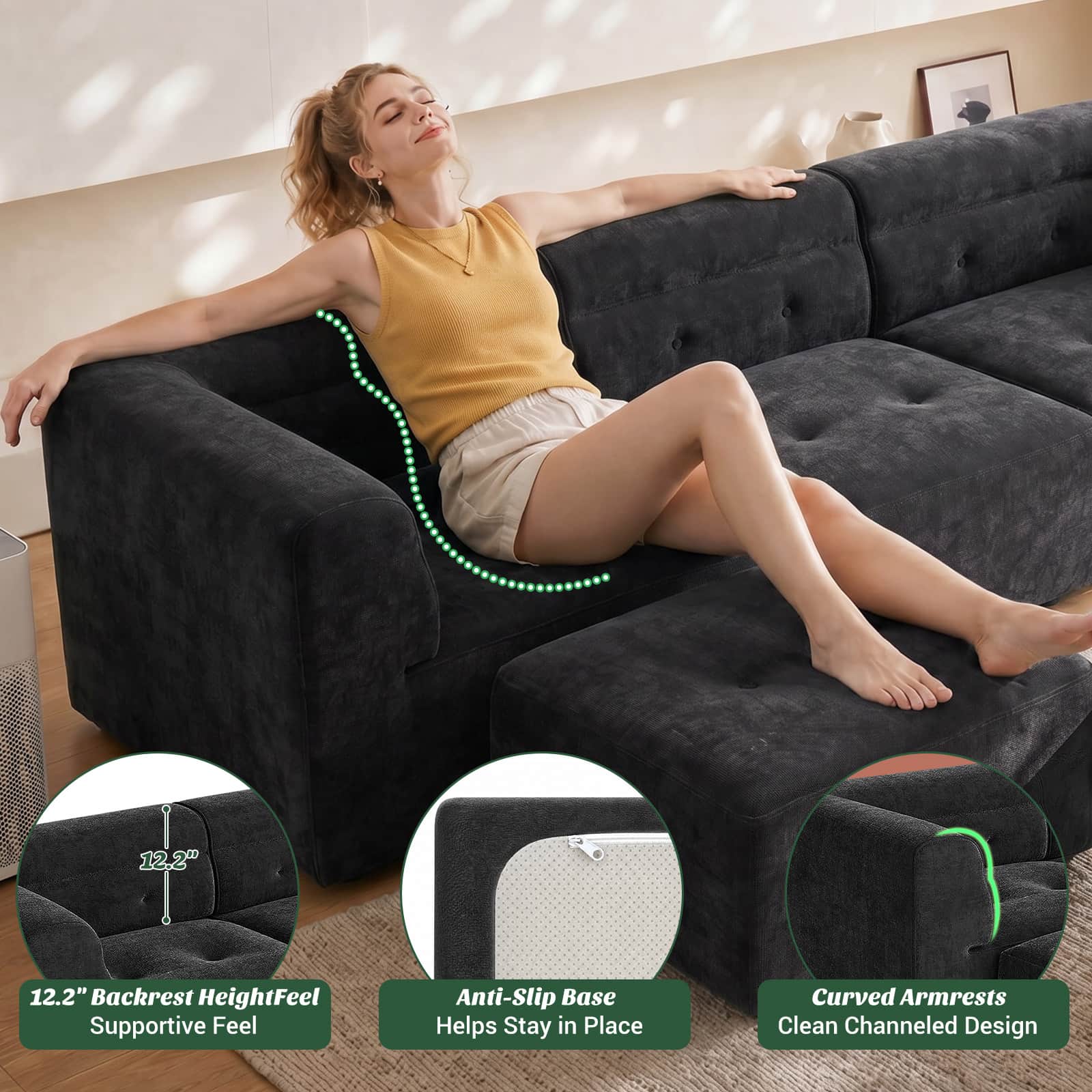 112" Boneless Couch for Living Room, L Shaped Modular Sectional Sofa, 3-Seat No Assembly Modern Couch with Ottoman, High-Resilience Foam, Soft Snowflake Fleece, Anti-Slip Base
