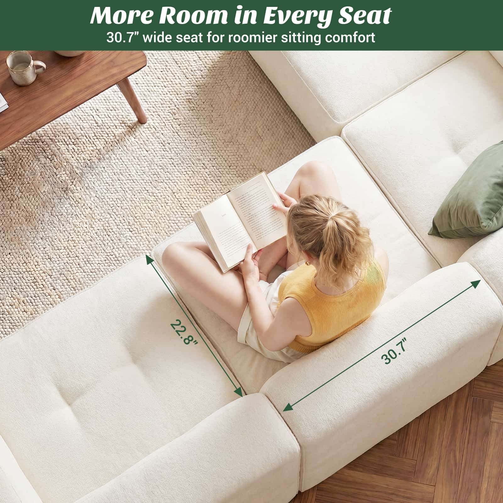 112" Boneless Couch for Living Room, L Shaped Modular Sectional Sofa, 3-Seat No Assembly Modern Couch with Ottoman, High-Resilience Foam, Soft Snowflake Fleece, Anti-Slip Base