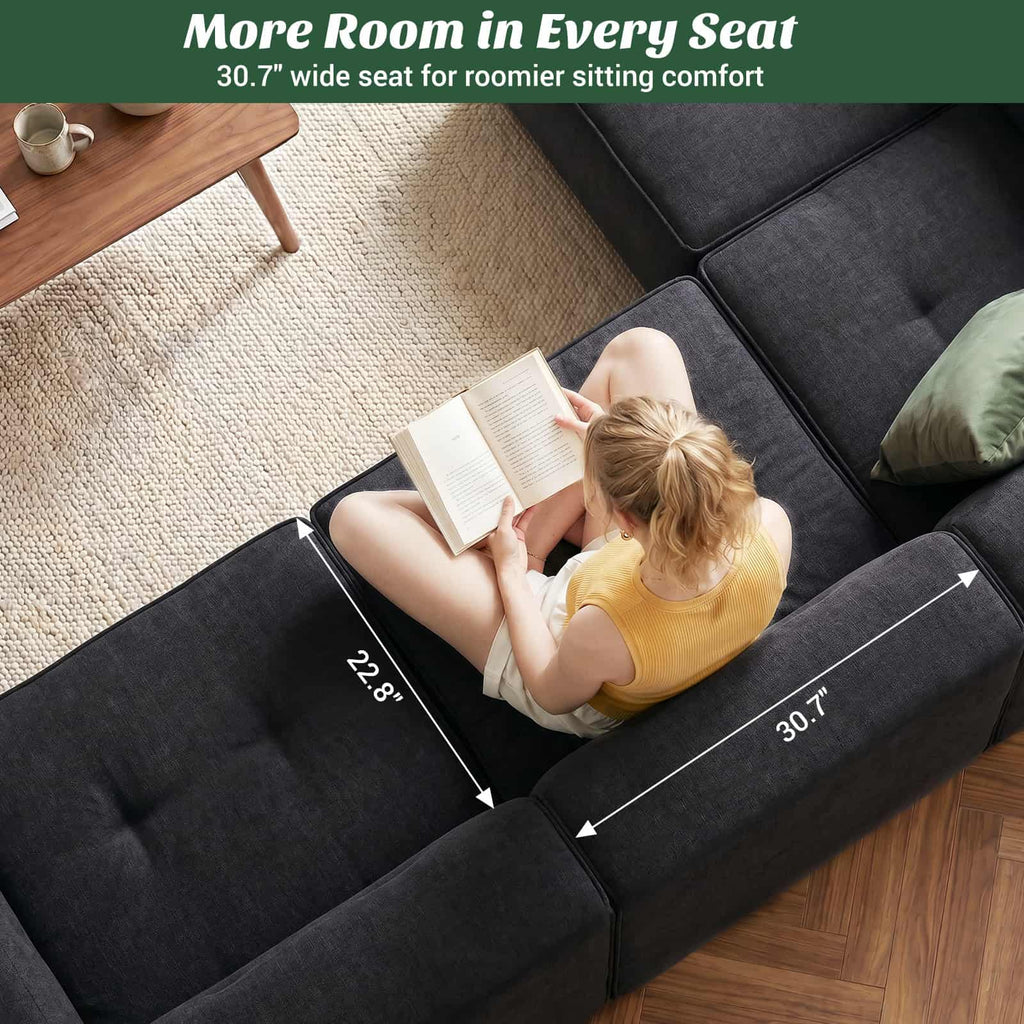 112" Boneless Couch for Living Room, L Shaped Modular Sectional Sofa, 3-Seat No Assembly Modern Couch with Ottoman, High-Resilience Foam, Soft Snowflake Fleece, Anti-Slip Base