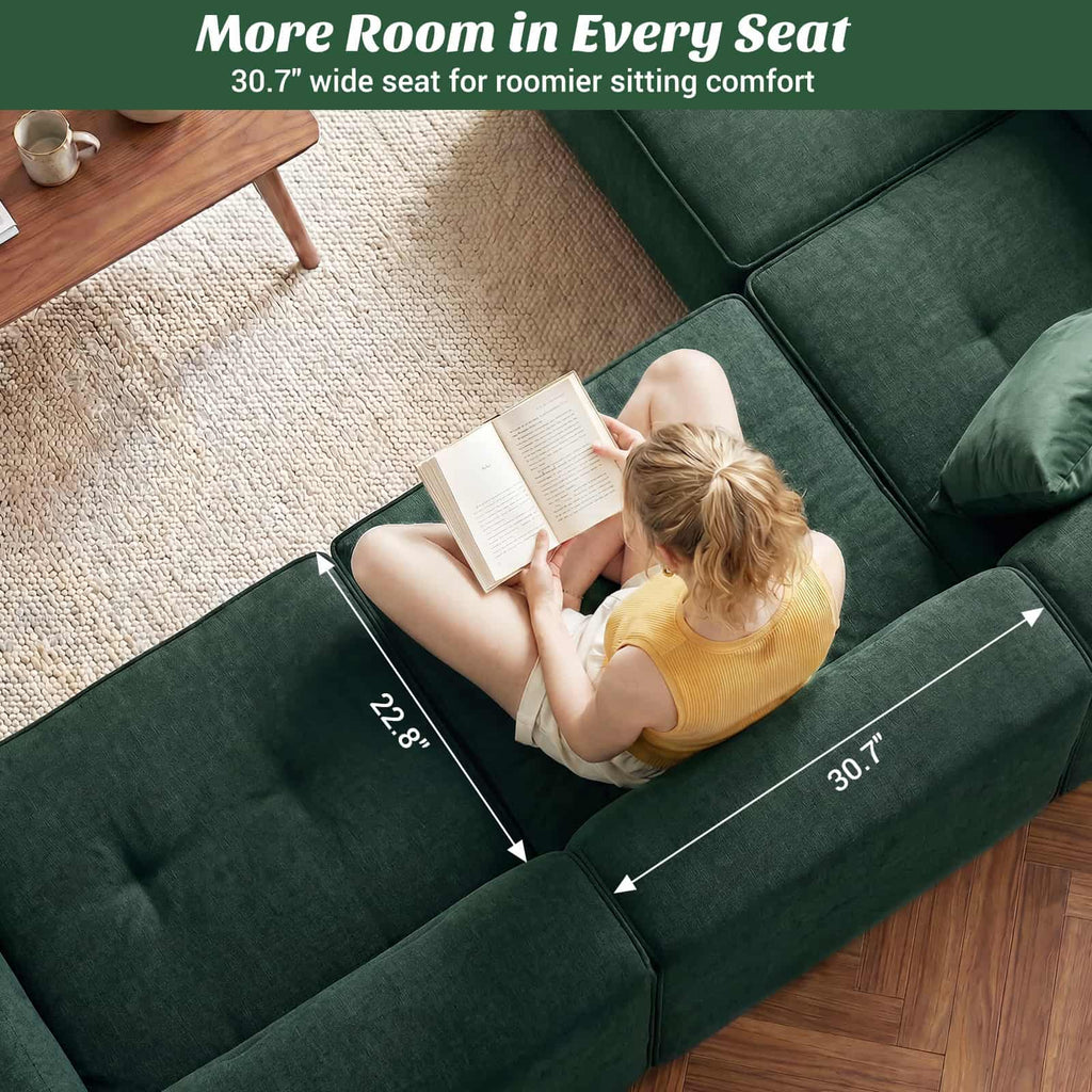 112" Boneless Couch for Living Room, L Shaped Modular Sectional Sofa, 3-Seat No Assembly Modern Couch with Ottoman, High-Resilience Foam, Soft Snowflake Fleece, Anti-Slip Base