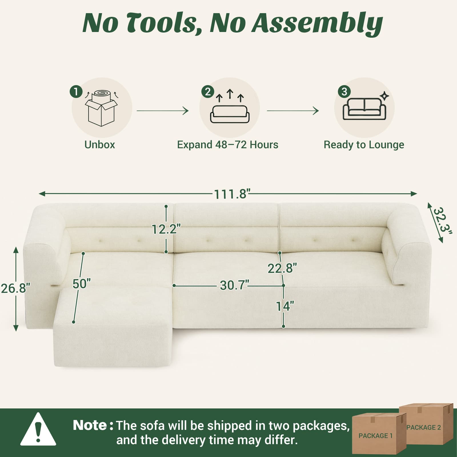 112" Boneless Couch for Living Room, L Shaped Modular Sectional Sofa, 3-Seat No Assembly Modern Couch with Ottoman, High-Resilience Foam, Soft Snowflake Fleece, Anti-Slip Base