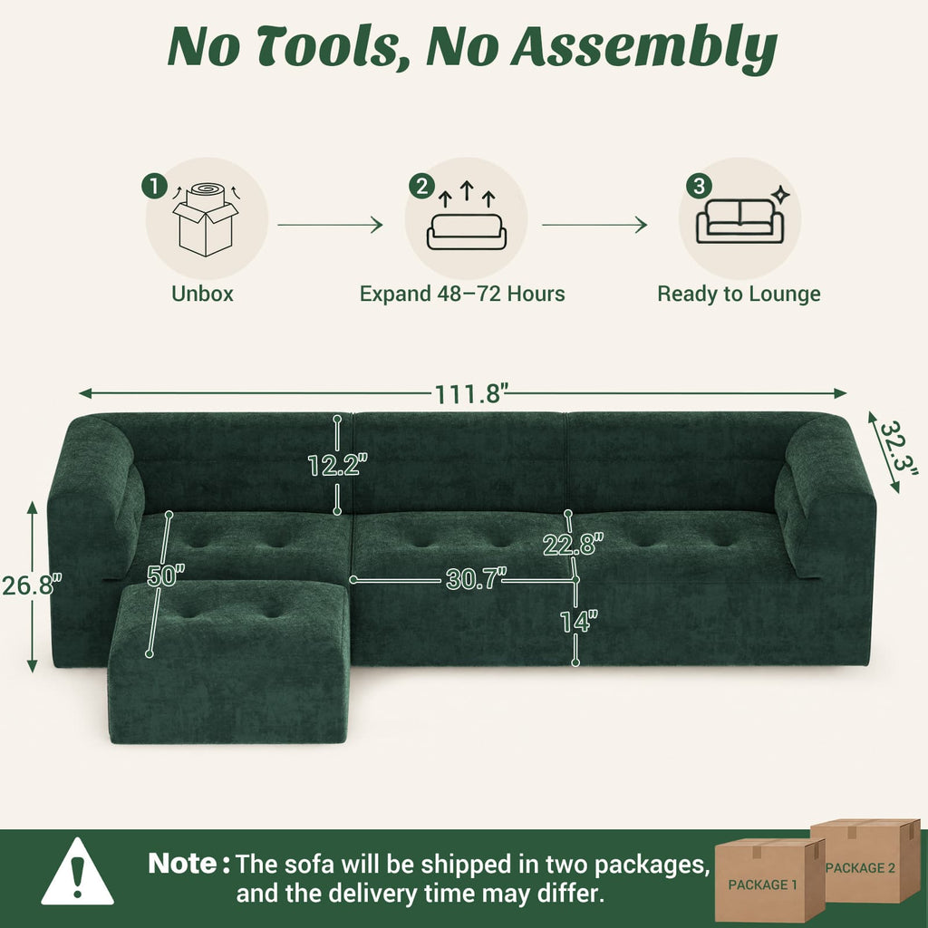 112" Boneless Couch for Living Room, L Shaped Modular Sectional Sofa, 3-Seat No Assembly Modern Couch with Ottoman, High-Resilience Foam, Soft Snowflake Fleece, Anti-Slip Base