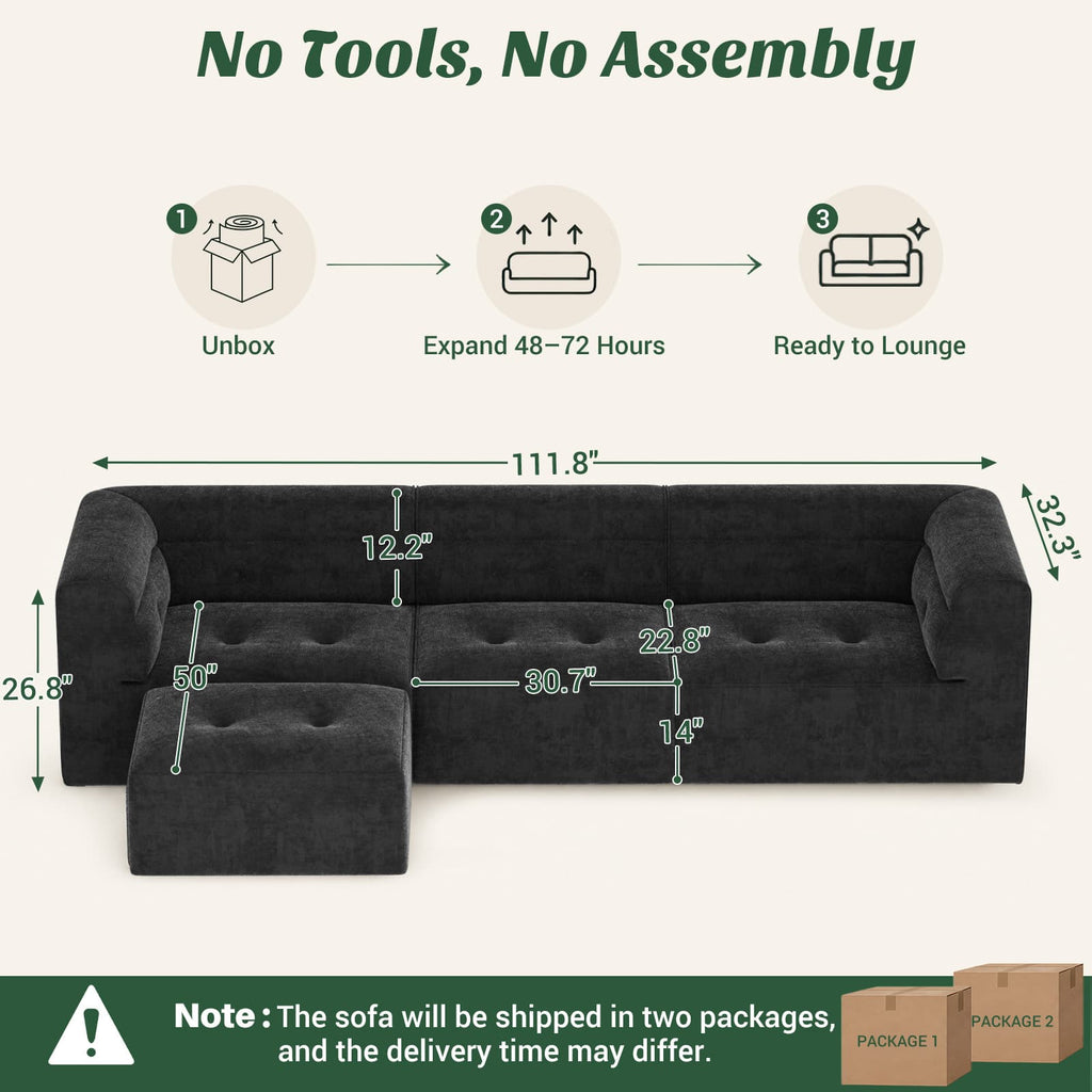 112" Boneless Couch for Living Room, L Shaped Modular Sectional Sofa, 3-Seat No Assembly Modern Couch with Ottoman, High-Resilience Foam, Soft Snowflake Fleece, Anti-Slip Base