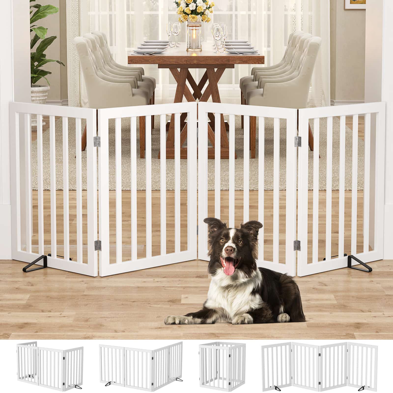 Bamboo Freestanding Dog Gate, No Assembly Pet Gate Indoor, 24”H x 75”W Extra Wide Foldable Puppy Barrier Fence with Support Feet for the House, Doorways Stairs, 4 Panels, No Drilling