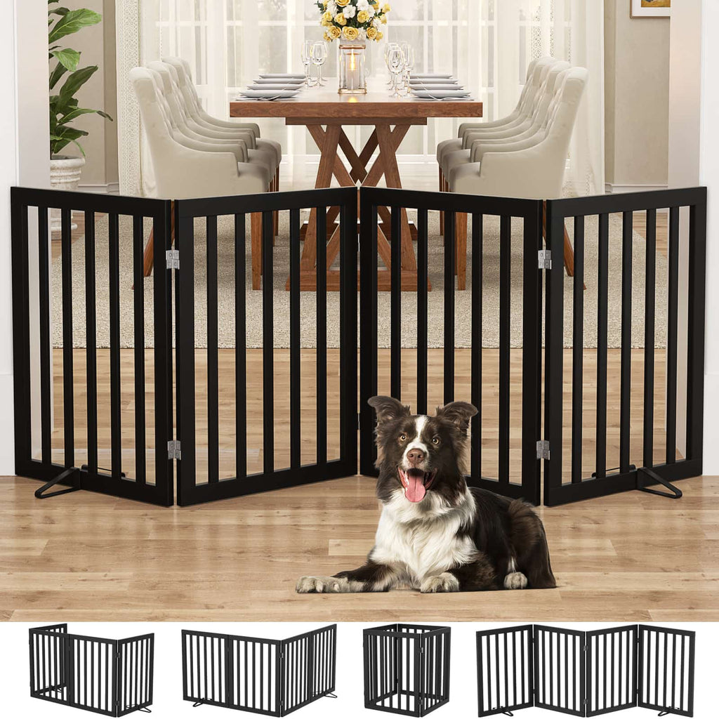 Bamboo Freestanding Dog Gate, No Assembly Pet Gate Indoor, 24”H x 75”W Extra Wide Foldable Puppy Barrier Fence with Support Feet for the House, Doorways Stairs, 4 Panels, No Drilling