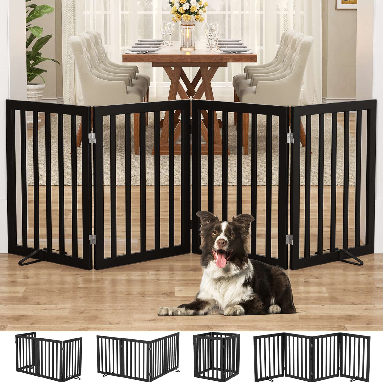 Bamboo Freestanding Dog Gate, No Assembly Pet Gate Indoor, 24”H x 75”W Extra Wide Foldable Puppy Barrier Fence with Support Feet for the House, Doorways Stairs, 4 Panels, No Drilling