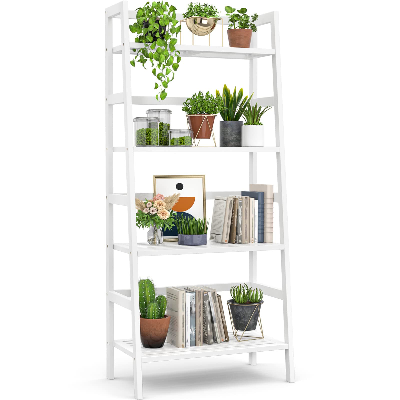 4-Tier Bamboo Ladder Bookshelf Small Bookcase, 49” Tall Open Display Shelves