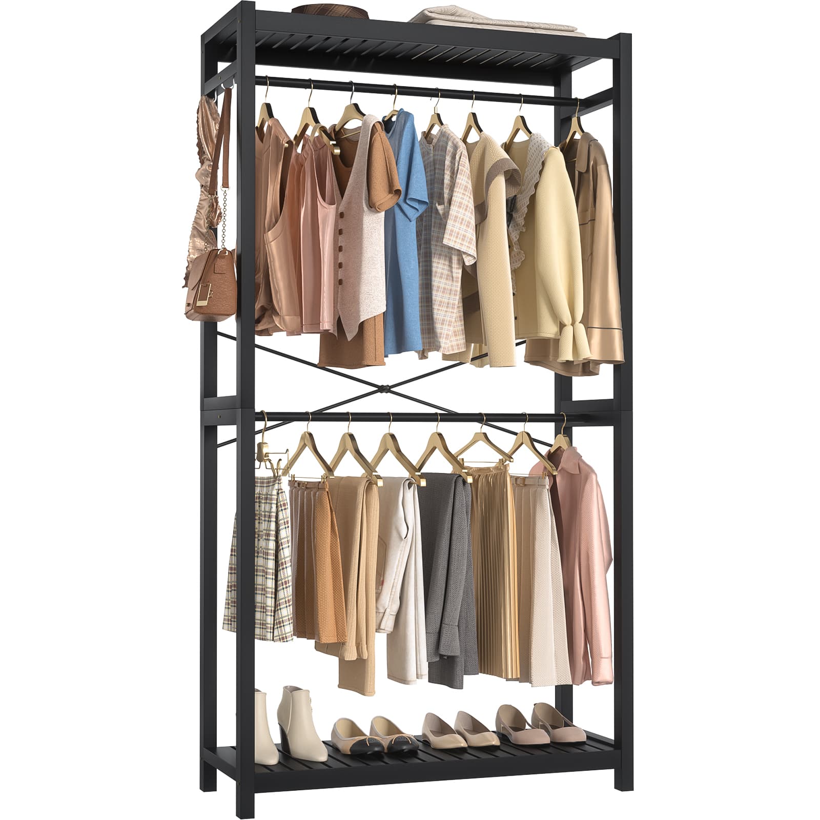 Bamboo Clothes Rack with Shelves and Double Hang Rods, Portable Closet System Garment Rack for Hanging Clothes, Tall Clothing Rack Corner Closet Organizer, Easy to Built, Freestanding