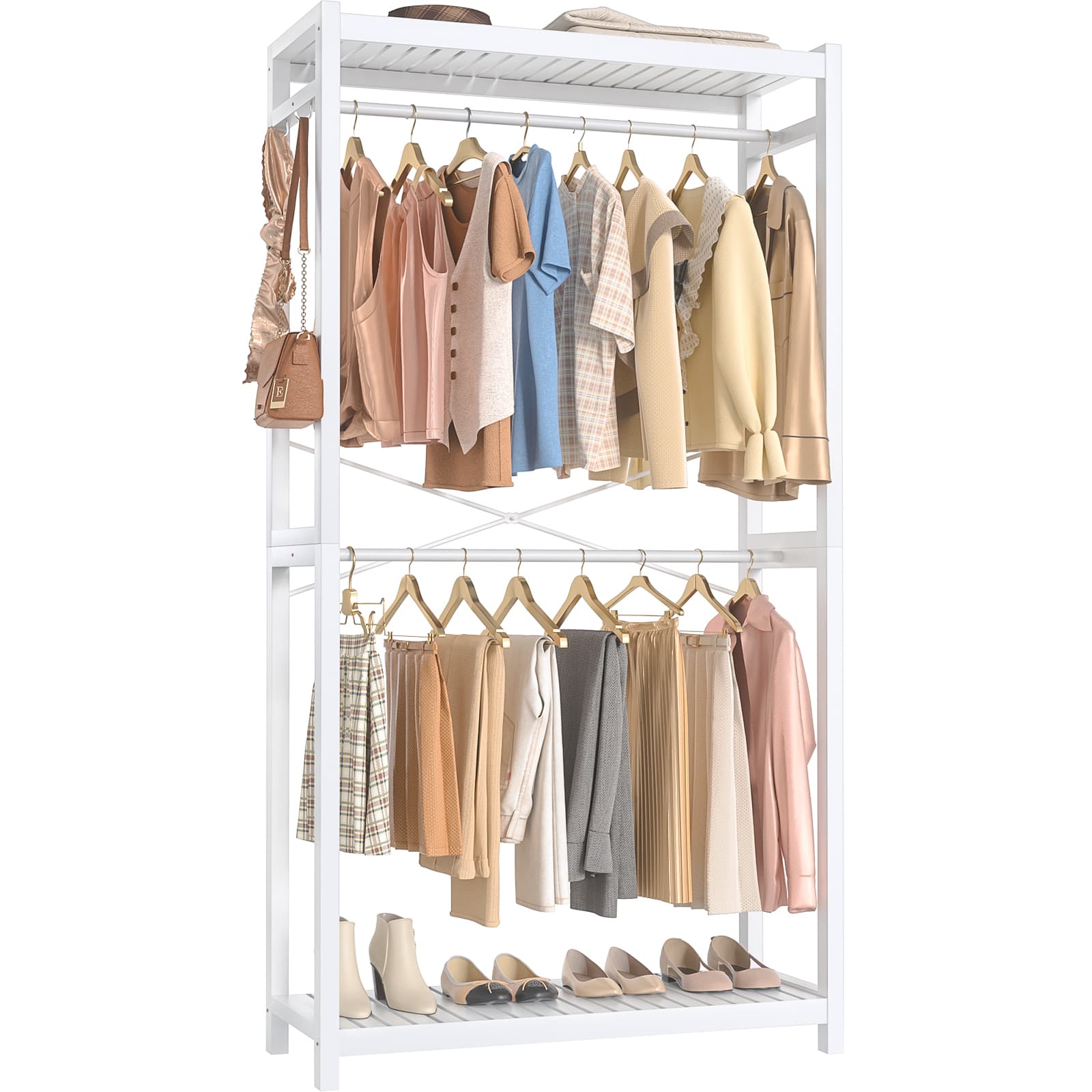 Bamboo Clothes Rack with Shelves and Double Hang Rods, Portable Closet System Garment Rack for Hanging Clothes, Tall Clothing Rack Corner Closet Organizer, Easy to Built, Freestanding