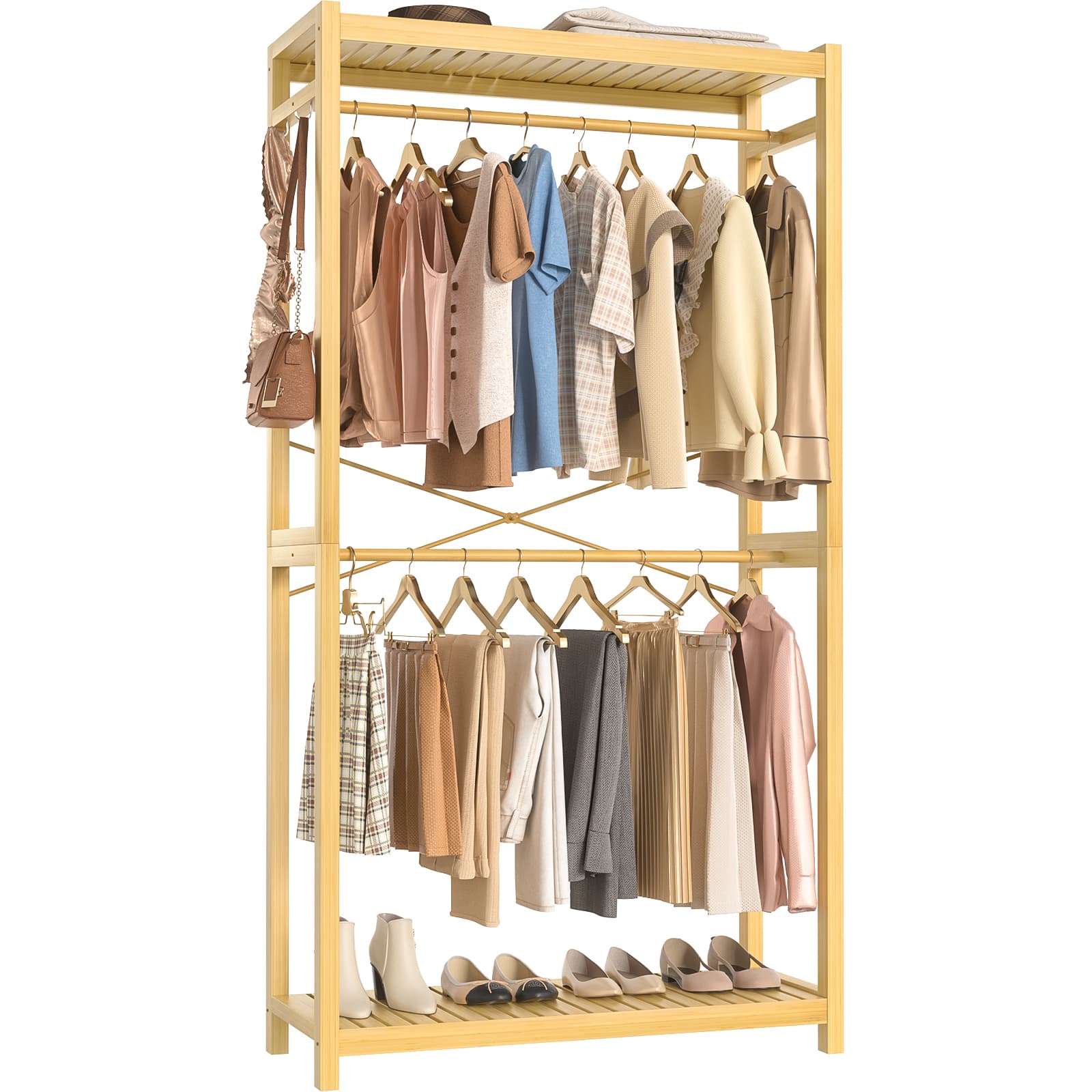 Bamboo Clothes Rack with Shelves and Double Hang Rods, Portable Closet System Garment Rack for Hanging Clothes, Tall Clothing Rack Corner Closet Organizer, Easy to Built, Freestanding