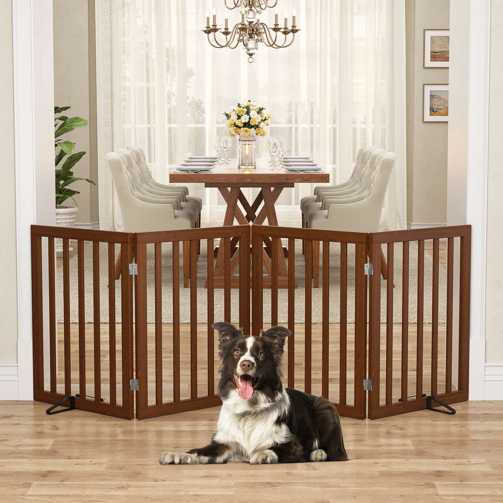 Bamboo Freestanding Dog Gate, No Assembly Pet Gate Indoor, 24”H x 75”W Extra Wide Foldable Puppy Barrier Fence with Support Feet for the House, Doorways Stairs, 4 Panels, No Drilling