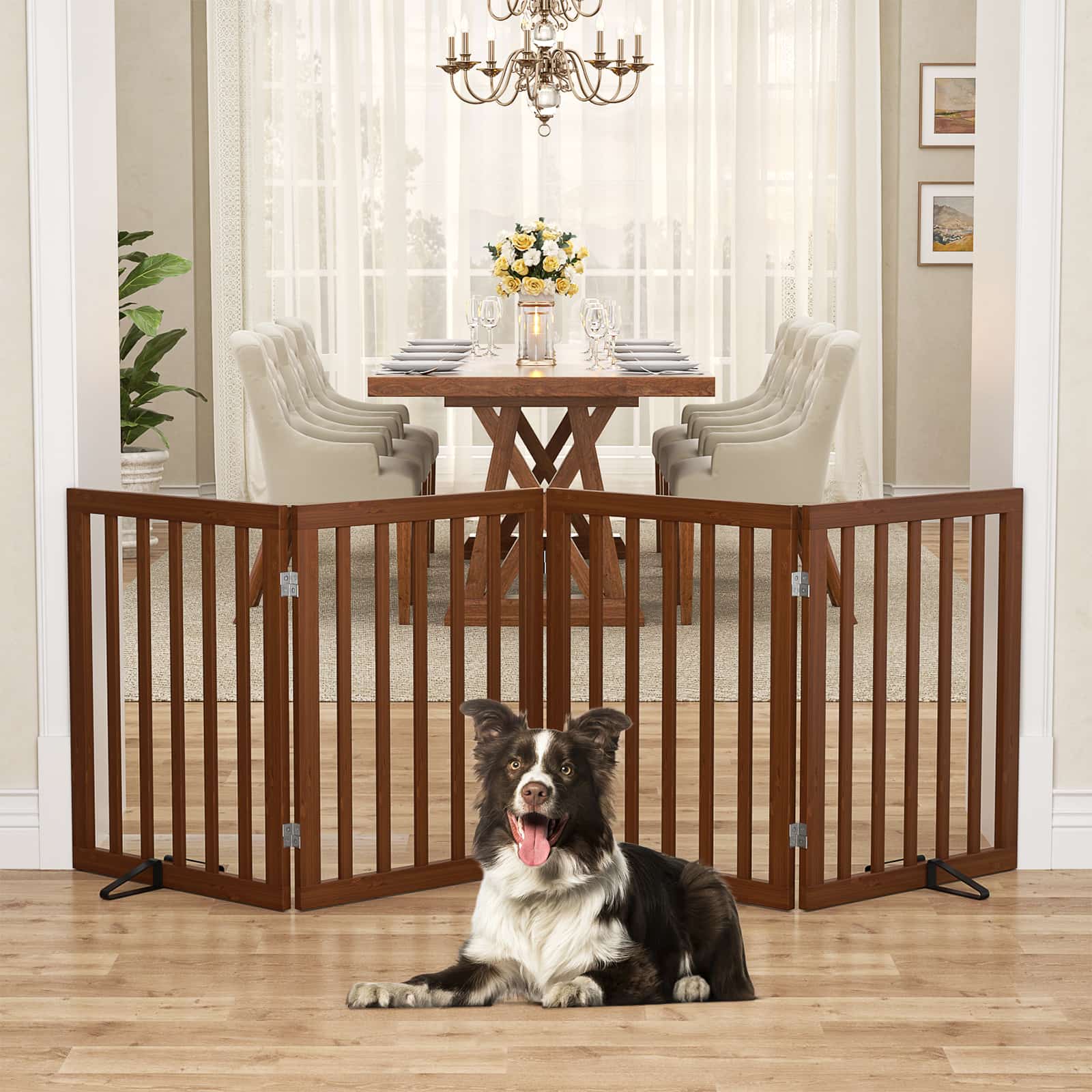 Bamboo Freestanding Dog Gate, No Assembly Pet Gate Indoor, 24”H x 75”W Extra Wide Foldable Puppy Barrier Fence with Support Feet for the House, Doorways Stairs, 4 Panels, No Drilling
