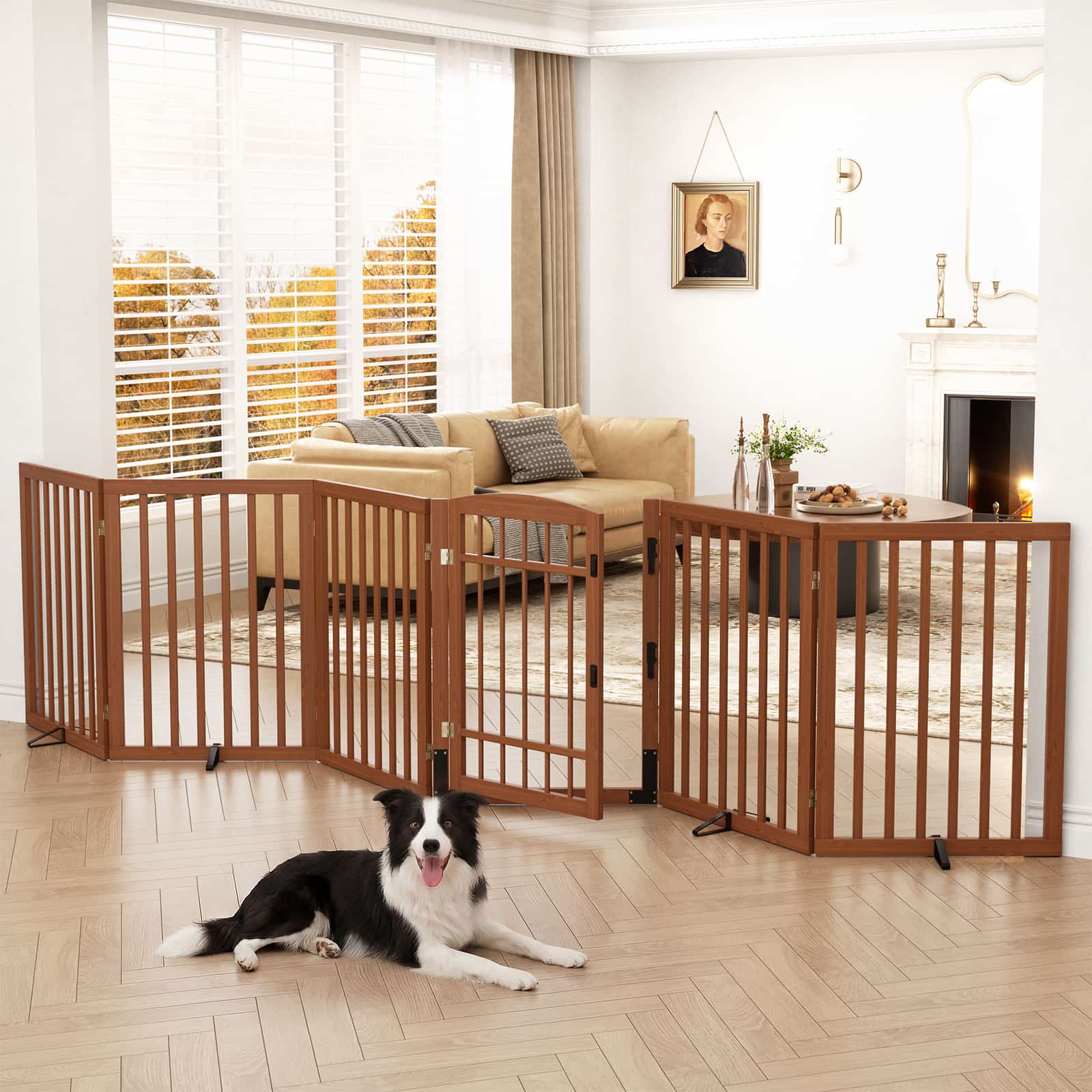 Dog Gate Indoor, 142" W x 30" H Extra Wide Foldable Bamboo Pet Gate with Door, No Assembly Freestanding Dog Fence with 2 Support Feet & 360°Hinges for Doorways Hallways (6 Panels)