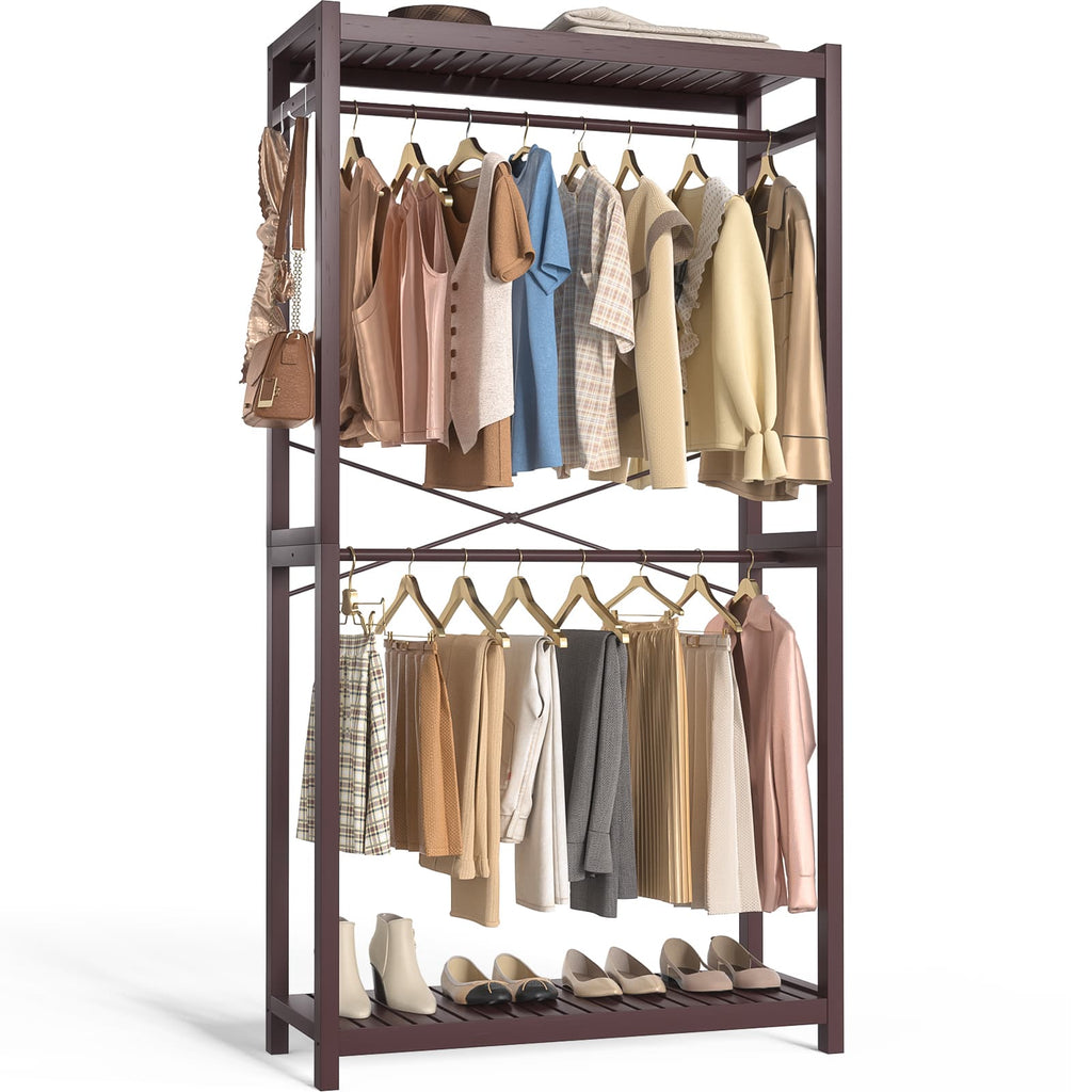Bamboo Clothes Rack with Shelves and Double Hang Rods, Portable Closet System Garment Rack for Hanging Clothes, Tall Clothing Rack Corner Closet Organizer, Easy to Built, Freestanding