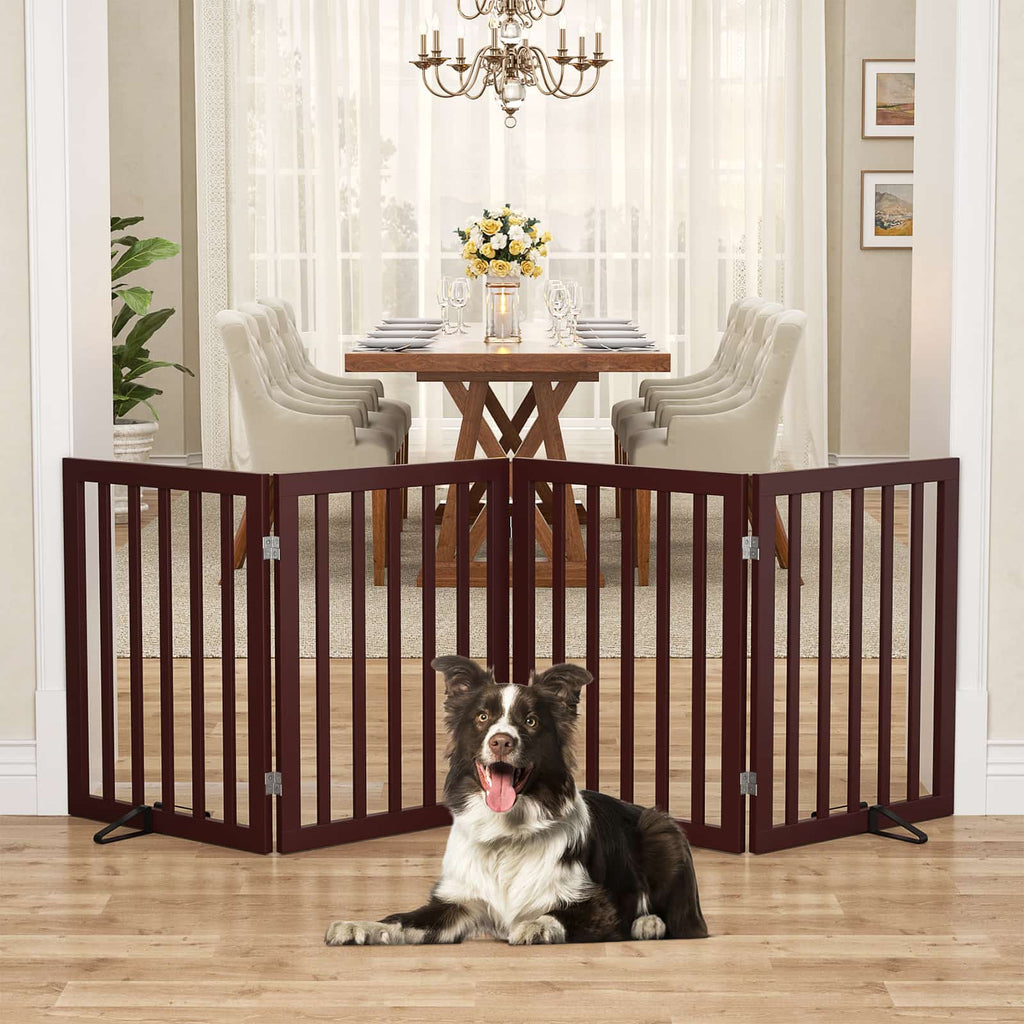 Bamboo Freestanding Dog Gate, No Assembly Pet Gate Indoor, 24”H x 75”W Extra Wide Foldable Puppy Barrier Fence with Support Feet for the House, Doorways Stairs, 4 Panels, No Drilling