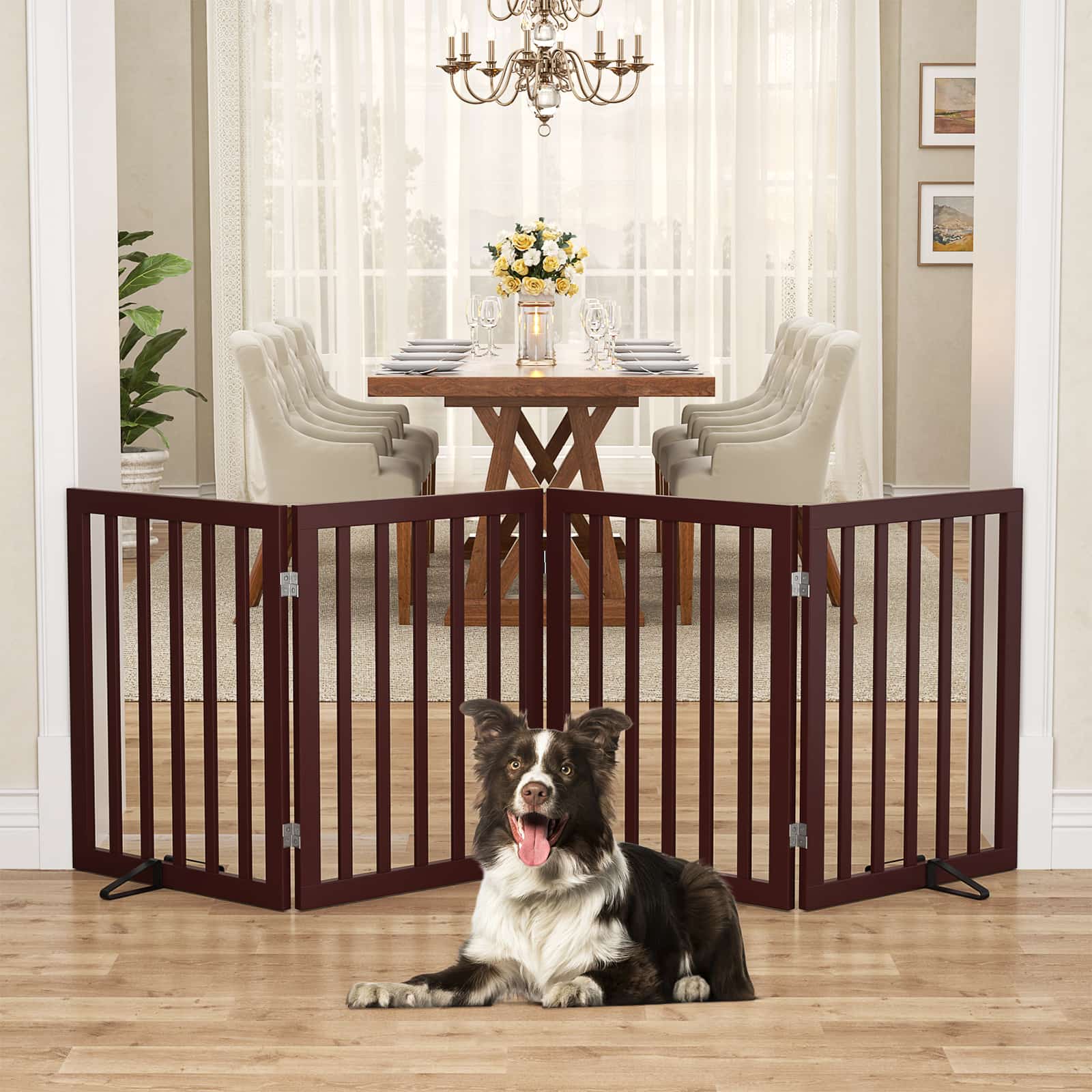 Bamboo Freestanding Dog Gate, No Assembly Pet Gate Indoor, 24”H x 75”W Extra Wide Foldable Puppy Barrier Fence with Support Feet for the House, Doorways Stairs, 4 Panels, No Drilling