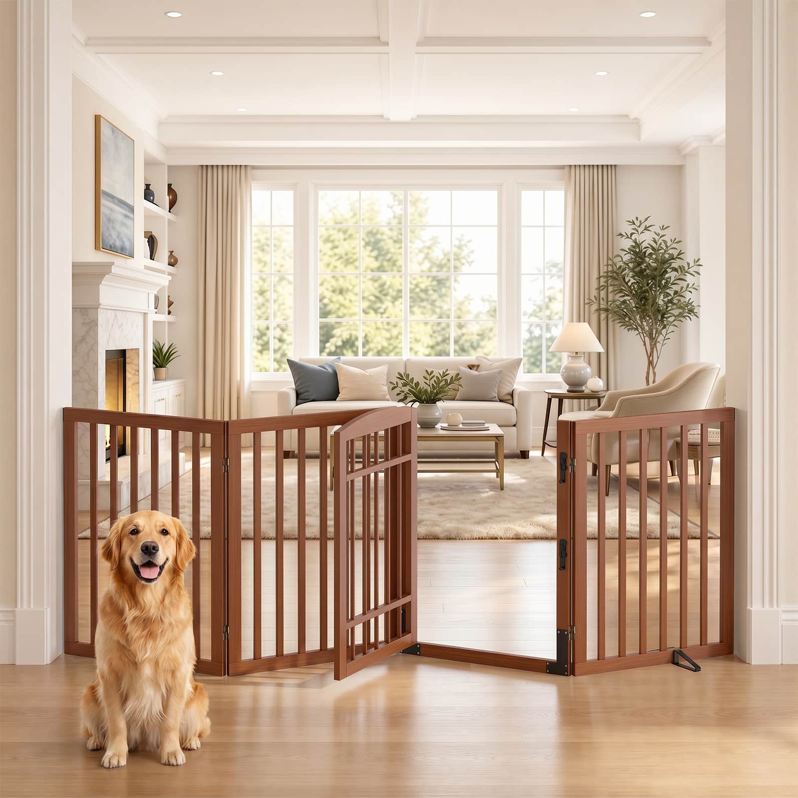 Dog Gate Indoor, 94.5" W x 30" H Extra Wide Foldable Bamboo Pet Gate with Door, No Assembly Freestanding Dog Fence with 2 Support Feet & 360°Hinges for Doorways Hallways (4 Panels)