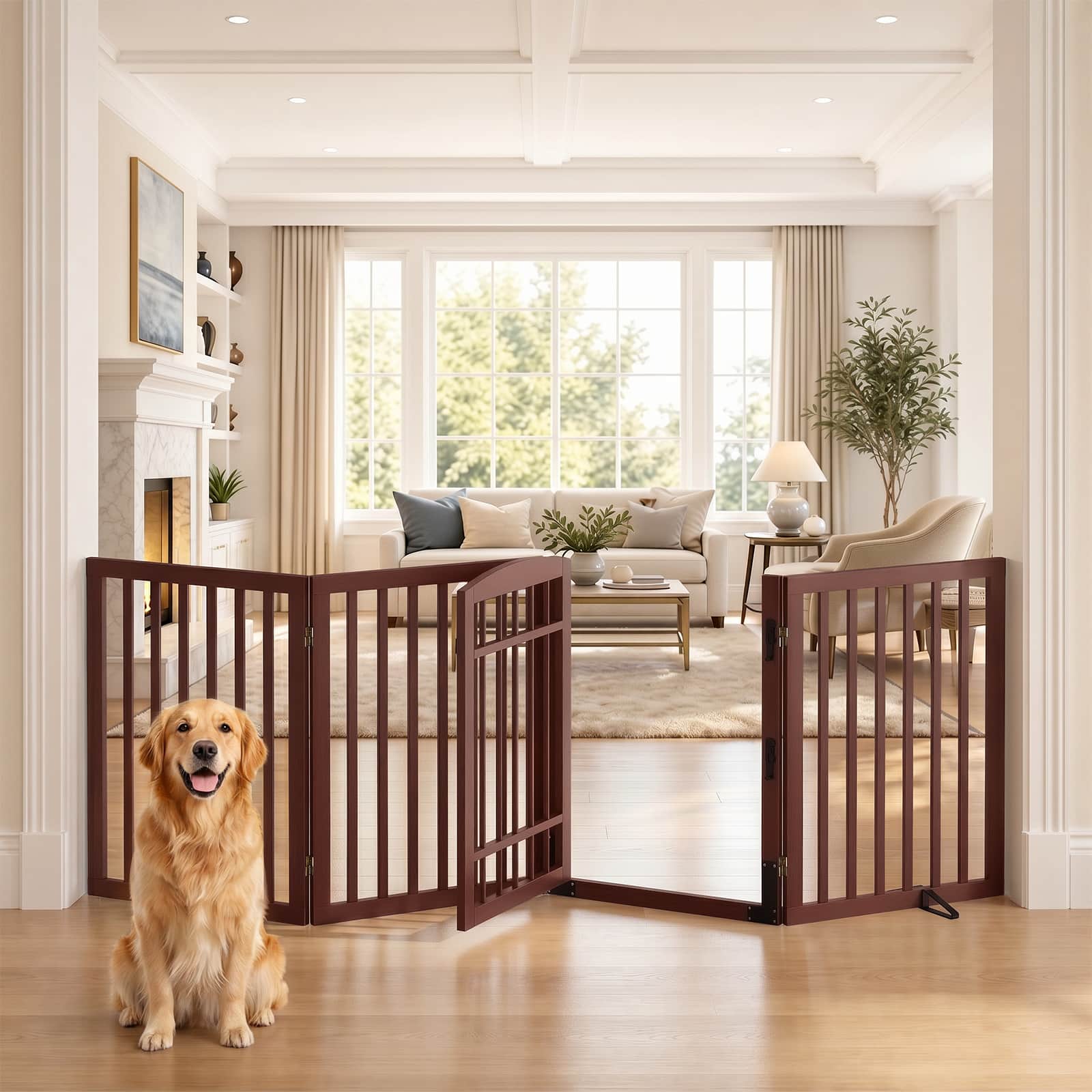 Dog Gate Indoor, 94.5" W x 30" H Extra Wide Foldable Bamboo Pet Gate with Door, No Assembly Freestanding Dog Fence with 2 Support Feet & 360°Hinges for Doorways Hallways (4 Panels)