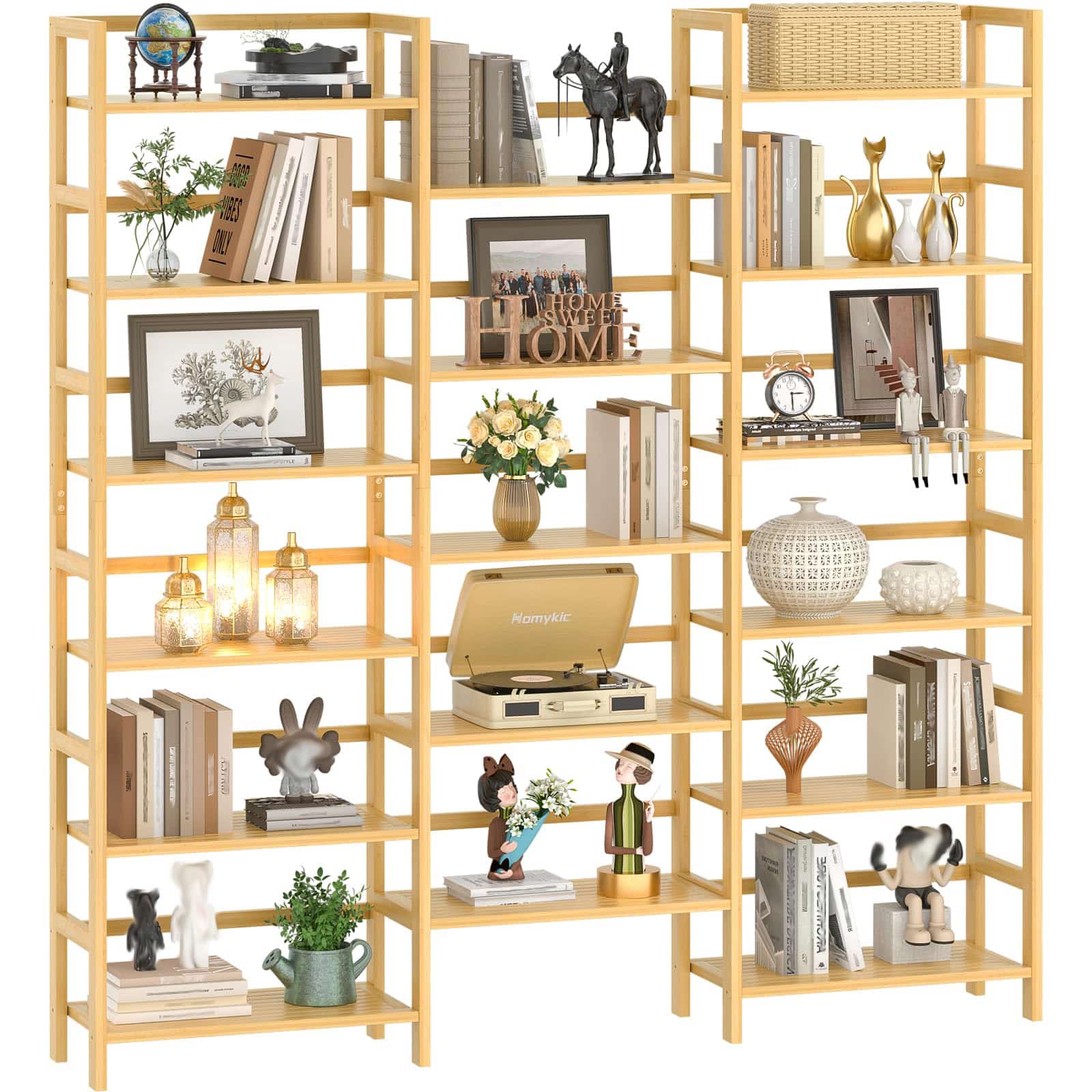 Bamboo Bookshelf, 71” Tall Triple Wide Bookcase with 17 Open Storage Shelves, 6-Tier Etagere with Back Rails, Large Display Shelf for Books, Plants, Home Office, Living Room, Max Load 748LBS