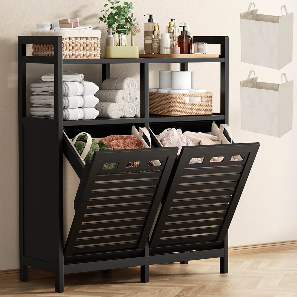 Tilt Out Laundry Hamper Cabinet, Bamboo Double Laundry Hamper