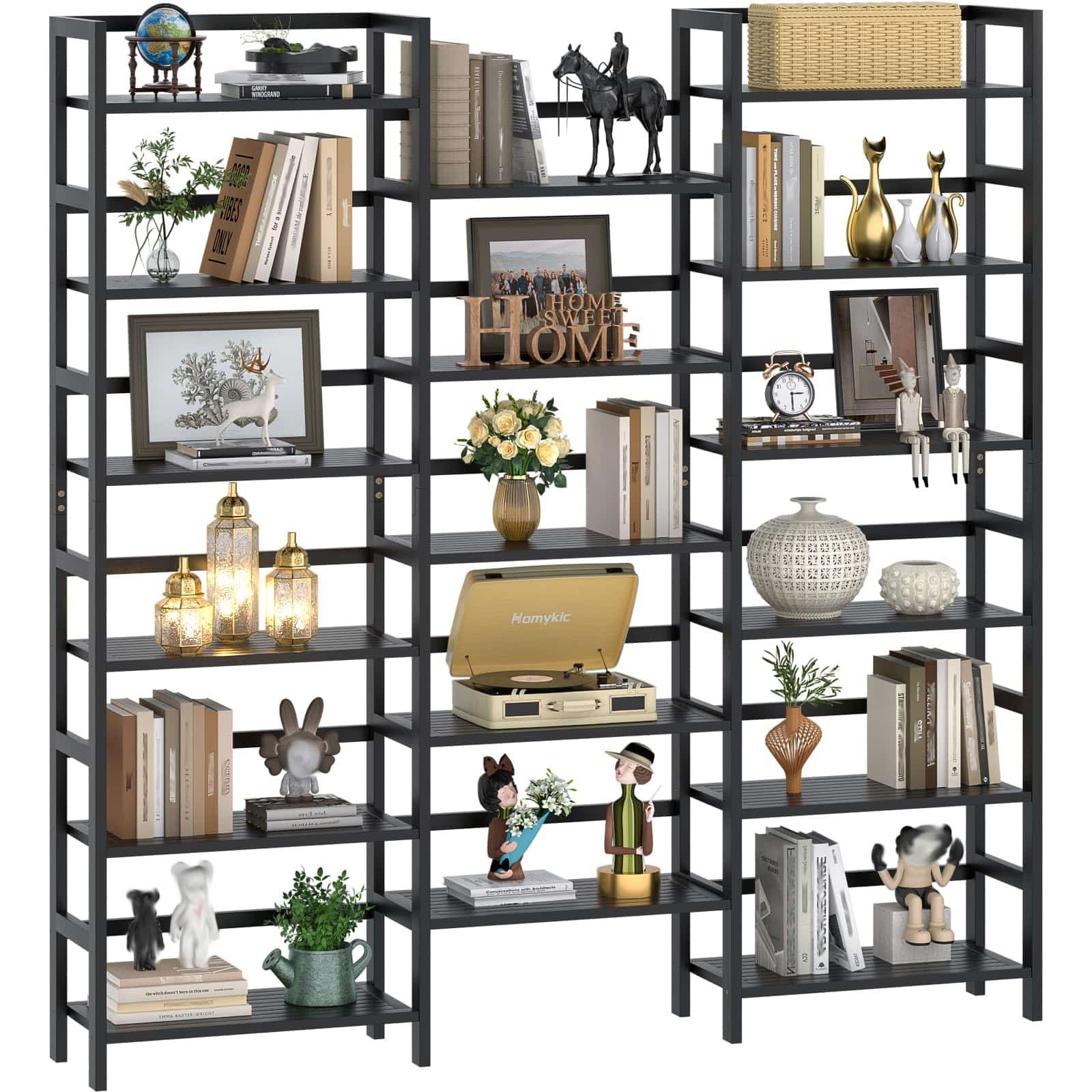 Bamboo Bookshelf, 71” Tall Triple Wide Bookcase with 17 Open Storage Shelves, 6-Tier Etagere with Back Rails, Large Display Shelf for Books, Plants, Home Office, Living Room, Max Load 748LBS