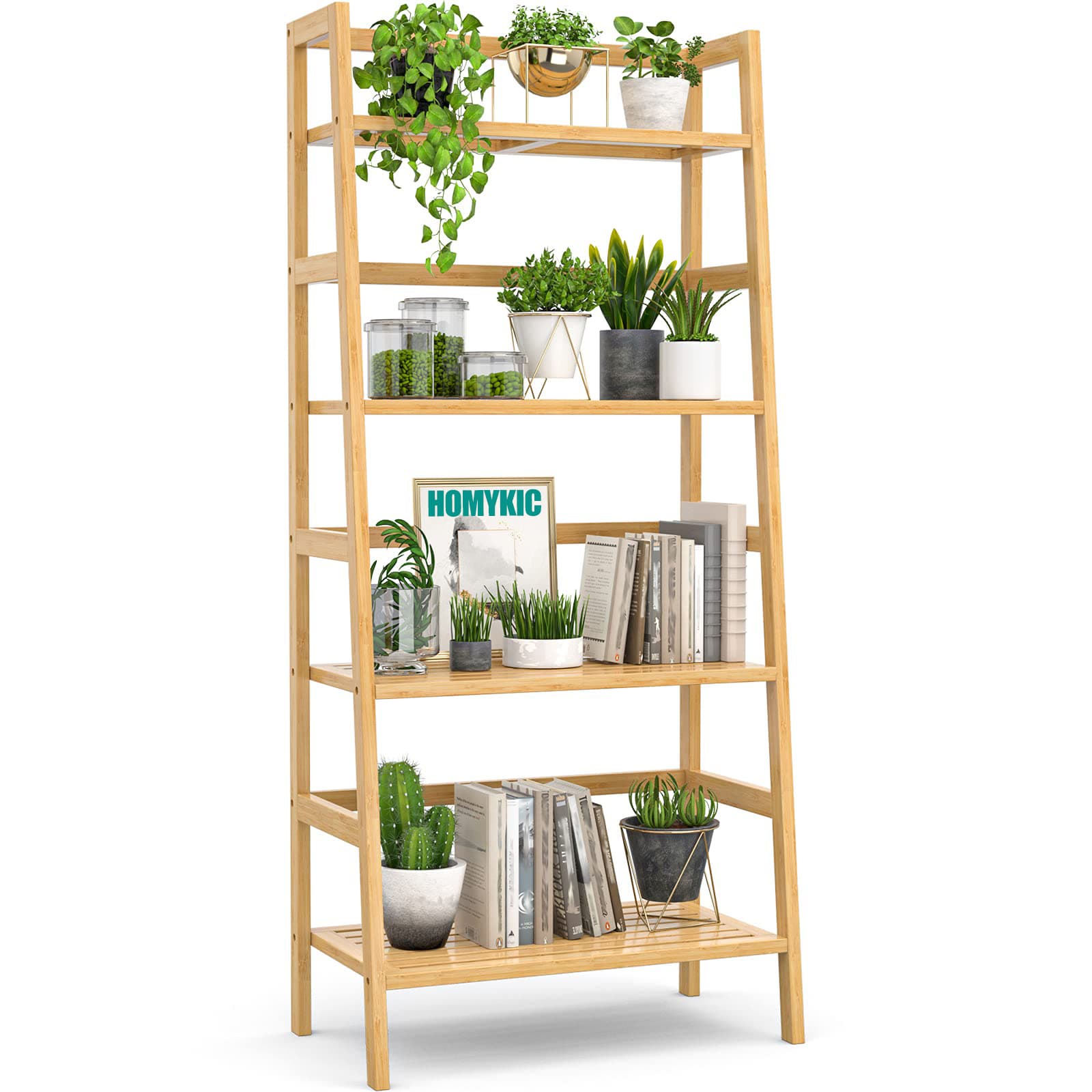 4-Tier Bamboo Ladder Bookshelf Small Bookcase, 49” Tall Open Display Shelves