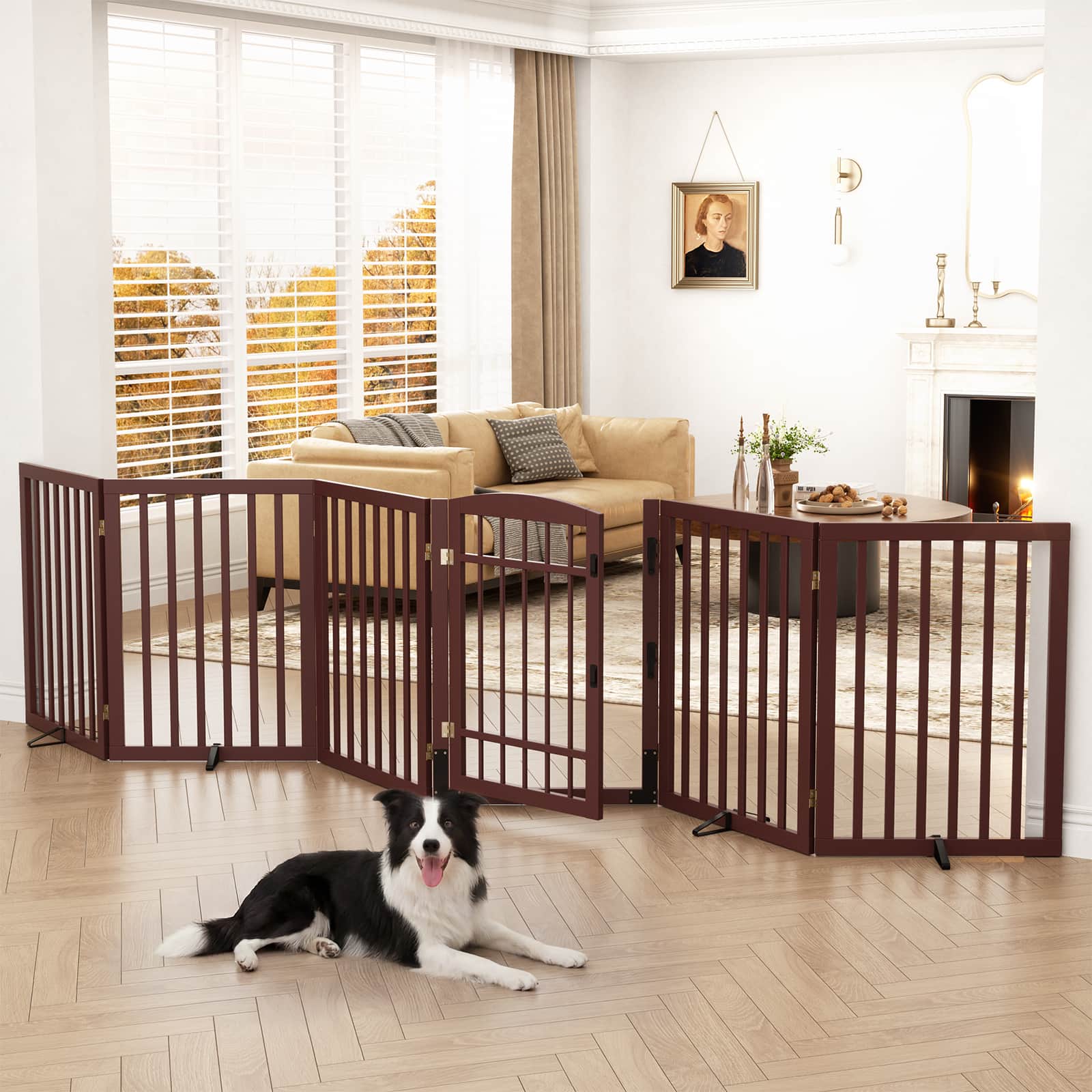 Dog Gate Indoor, 142" W x 30" H Extra Wide Foldable Bamboo Pet Gate with Door, No Assembly Freestanding Dog Fence with 2 Support Feet & 360°Hinges for Doorways Hallways (6 Panels)
